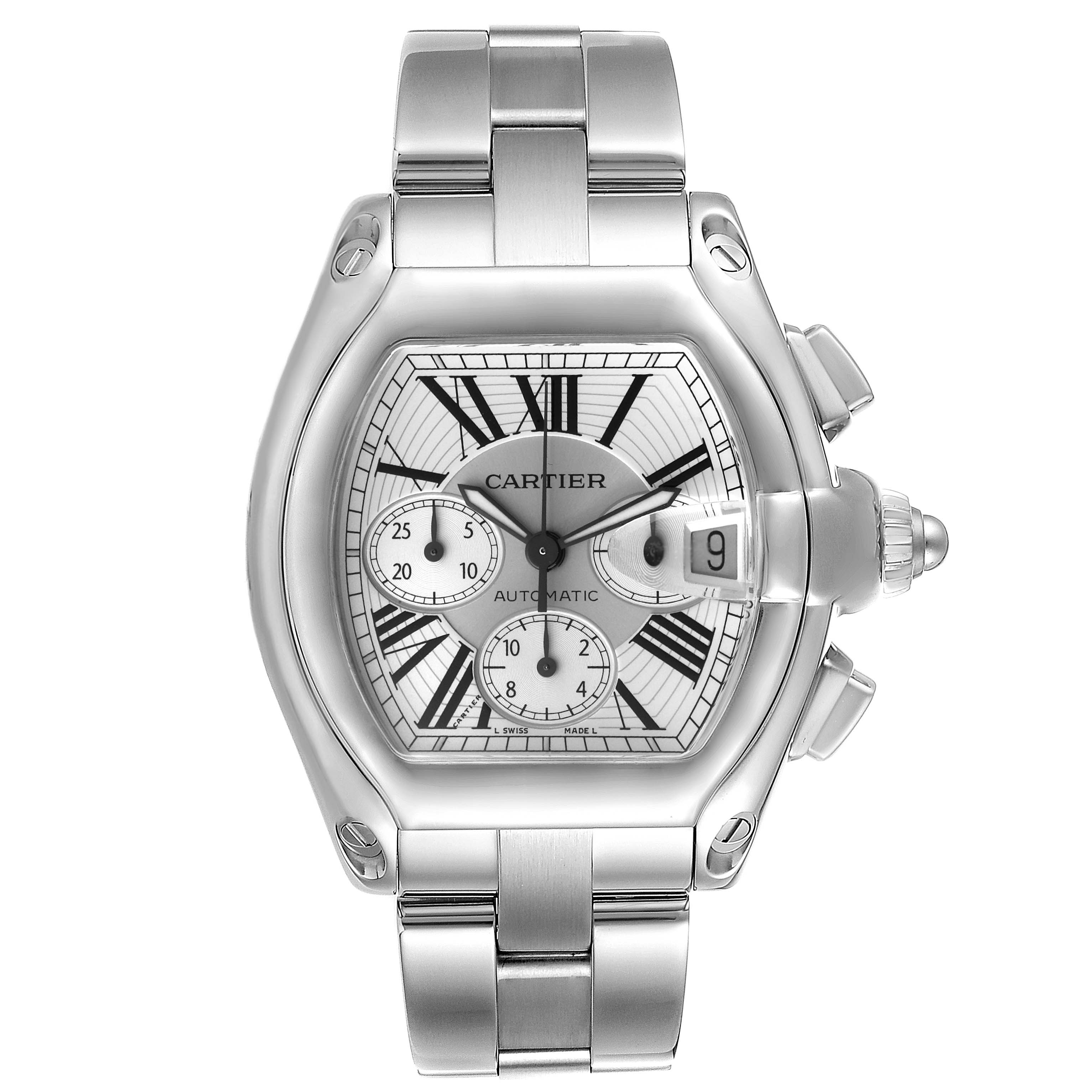 The image shows the front view of a Cartier Roadster W62019X6 Men
s Stainless Steel Silver Dial W62019X6 Men
s Stainless Steel Silver Dial watch, displaying the face, crown, and bracelet.