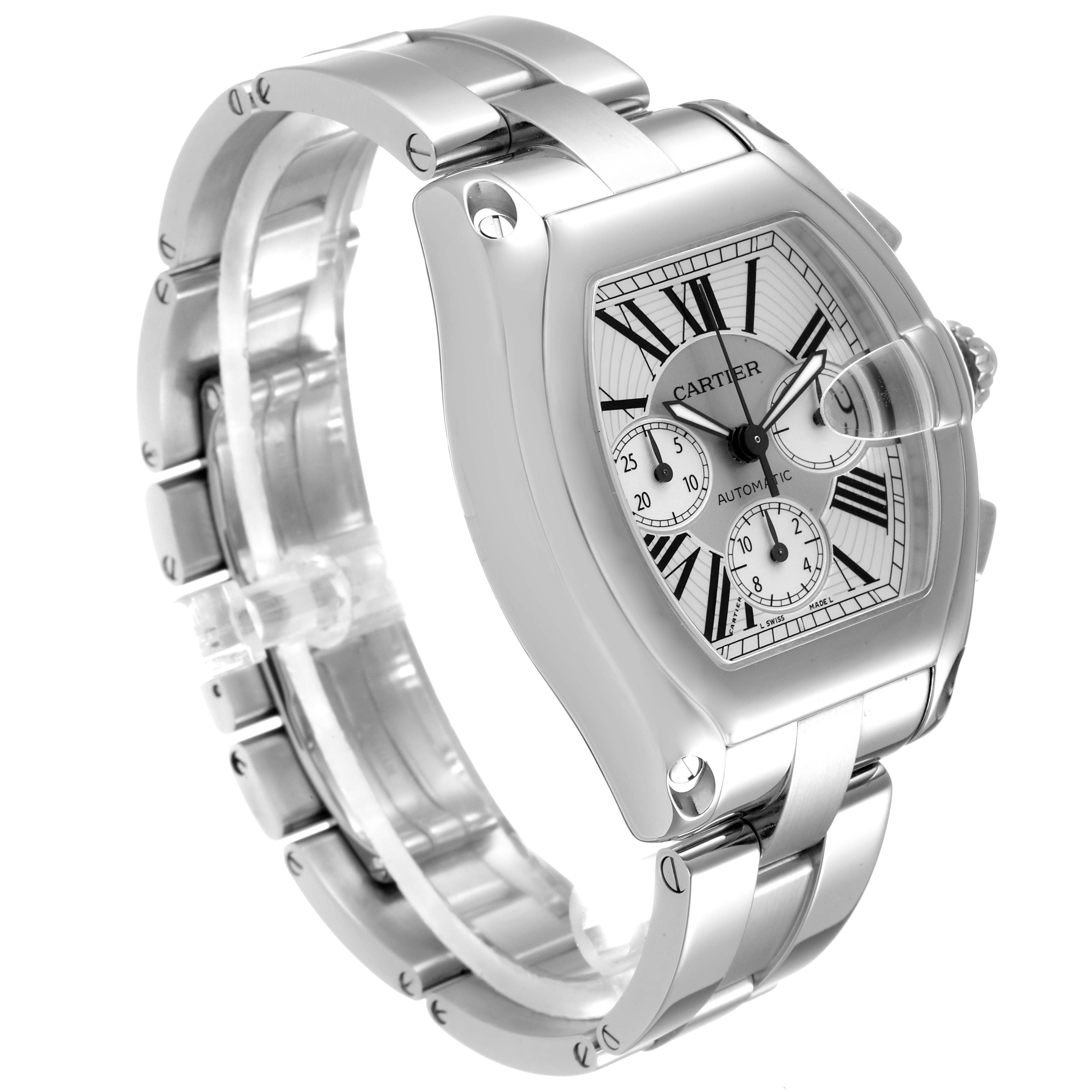 The image shows a Cartier Roadster W62019X6 Men
s Stainless Steel Silver Dial W62019X6 Men
s Stainless Steel Silver Dial watch at an angled side view, highlighting the face, bezel, crown, and bracelet.