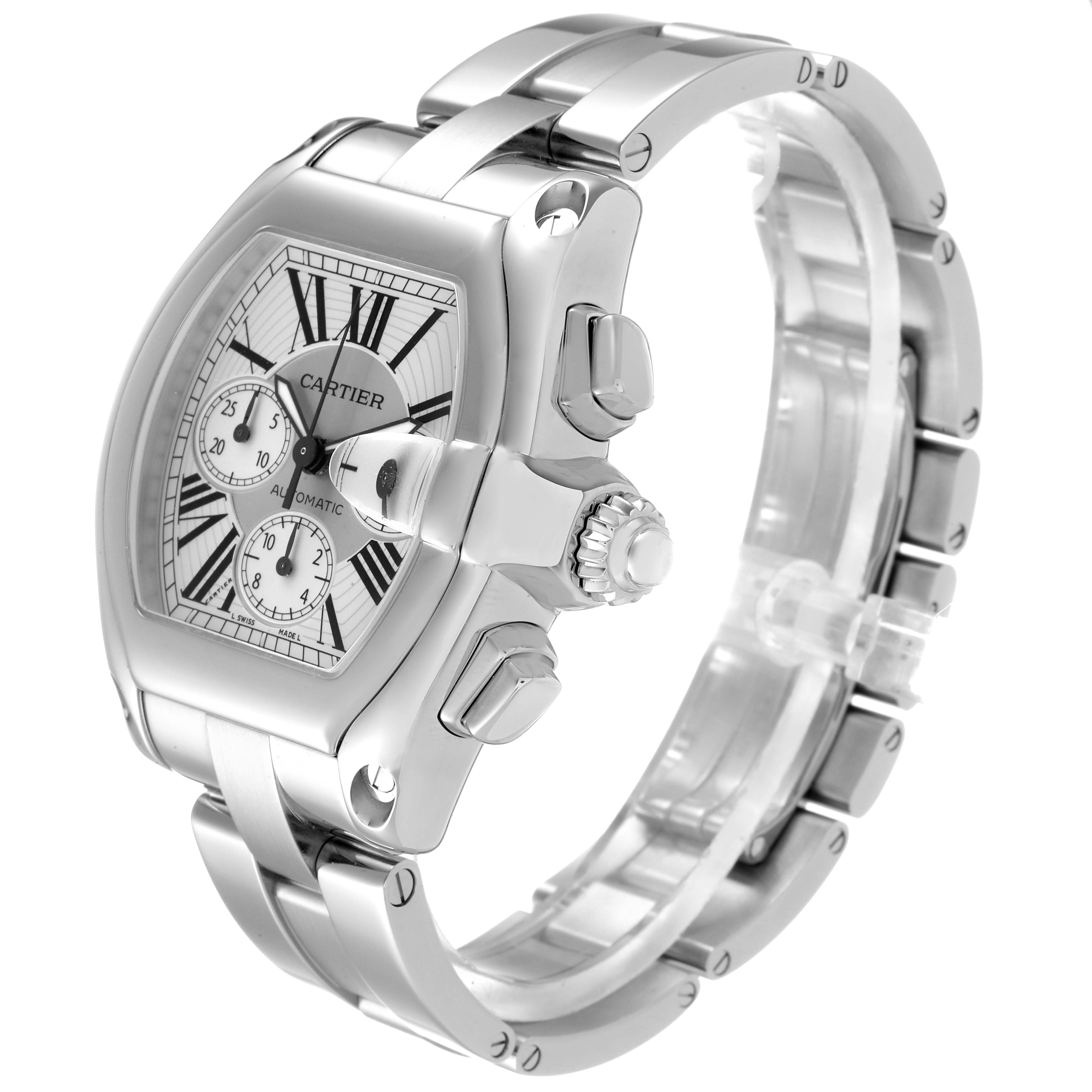 The image shows a Cartier Roadster W62019X6 Men
s Stainless Steel Silver Dial W62019X6 Men
s Stainless Steel Silver Dial watch from a front angle, highlighting the face, crown, and stainless steel bracelet.
