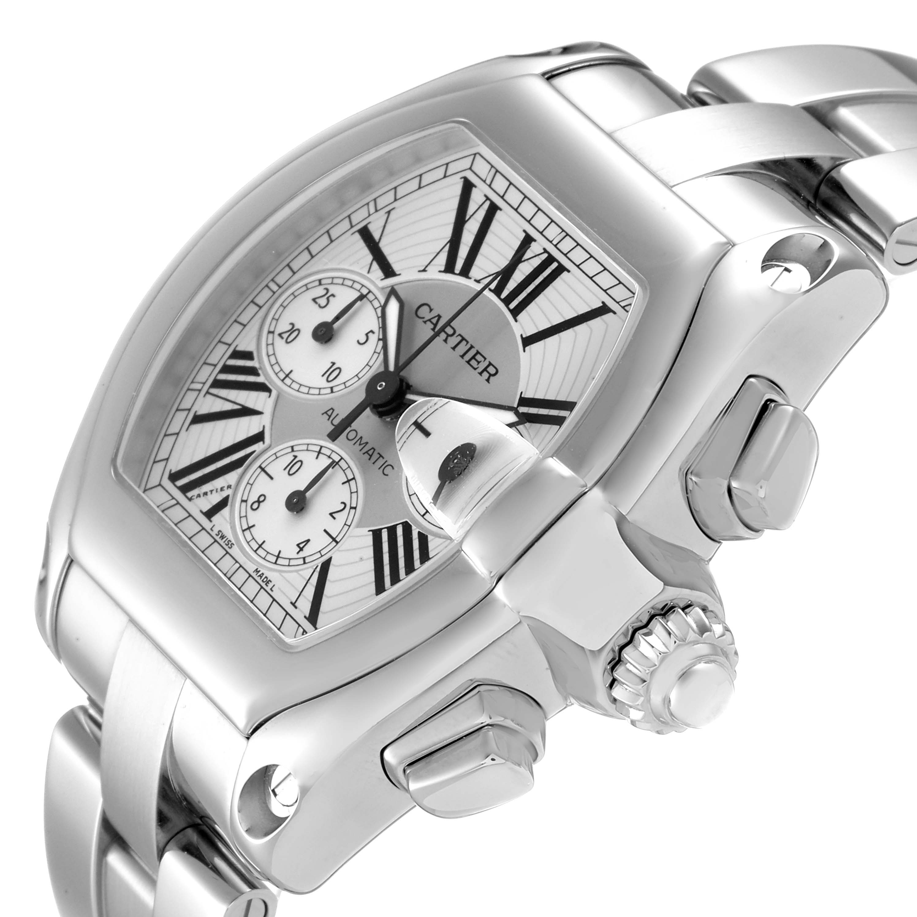 This image shows a close-up side angle of the Cartier Roadster W62019X6 Men
s Stainless Steel Silver Dial W62019X6 Men
s Stainless Steel Silver Dial watch, highlighting its face, crown, and stainless steel bracelet.