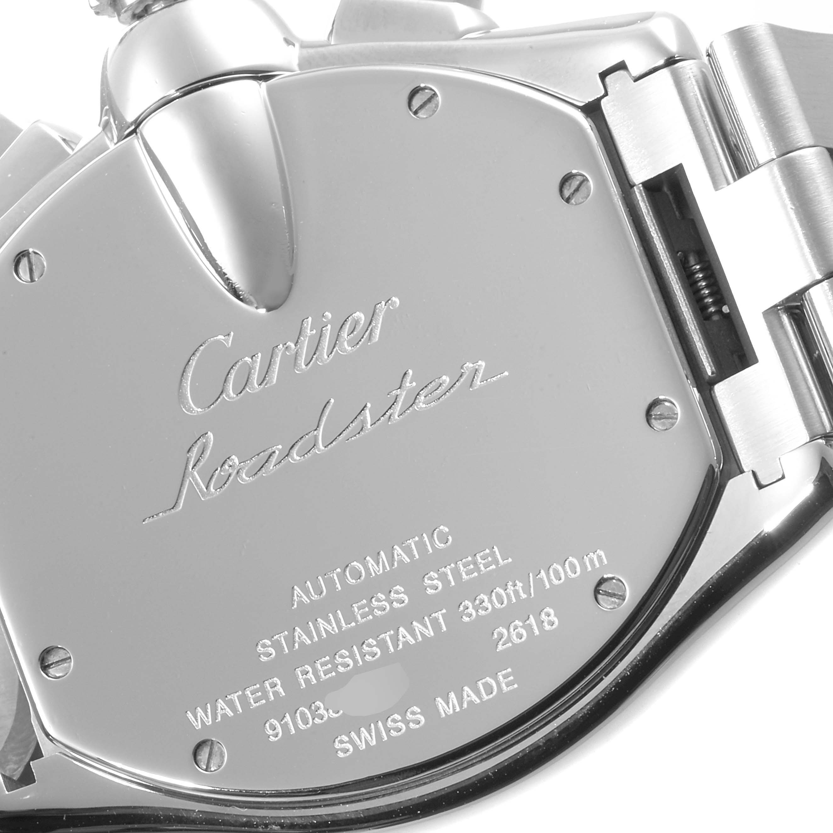 This is a close-up of the back case and part of the bracelet of a Cartier Roadster W62019X6 Men
s Stainless Steel Silver Dial W62019X6 Men
s Stainless Steel Silver Dial watch.