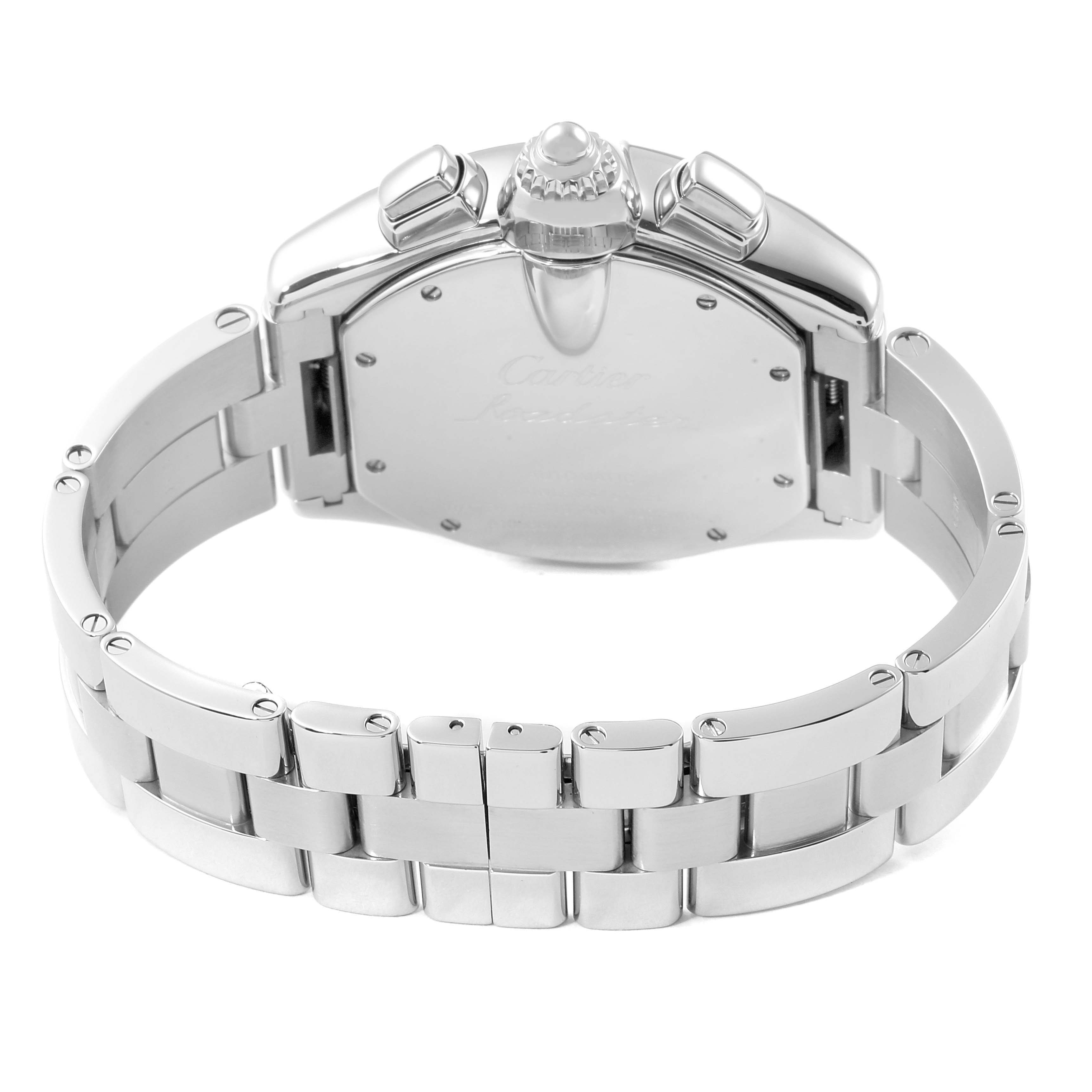 The Cartier Roadster W62019X6 Men
s Stainless Steel Silver Dial W62019X6 Men
s Stainless Steel Silver Dial watch is shown from the back, displaying the bracelet, clasp, and case back.