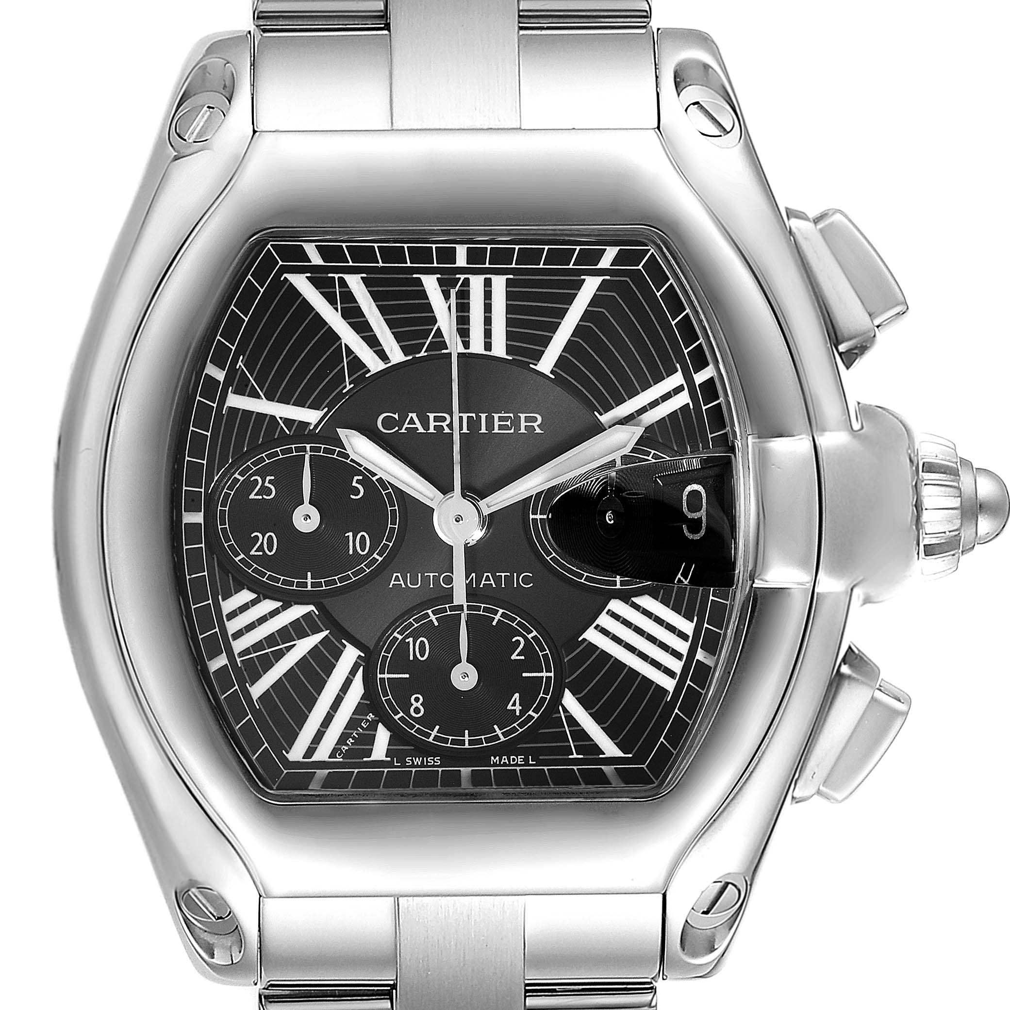 The image shows a head-on view of the Cartier Roadster W62020X6 Men
s Stainless Steel Black Dial W62020X6 Men
s Stainless Steel Black Dial watch, highlighting its face, dial, and bezel.