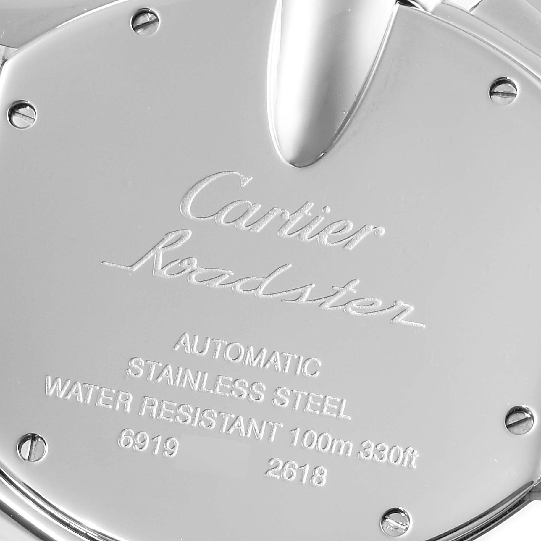 This image shows the back case of the Cartier Roadster W62020X6 Men
s Stainless Steel Black Dial W62020X6 Men
s Stainless Steel Black Dial watch, displaying its specifications and branding engravings.