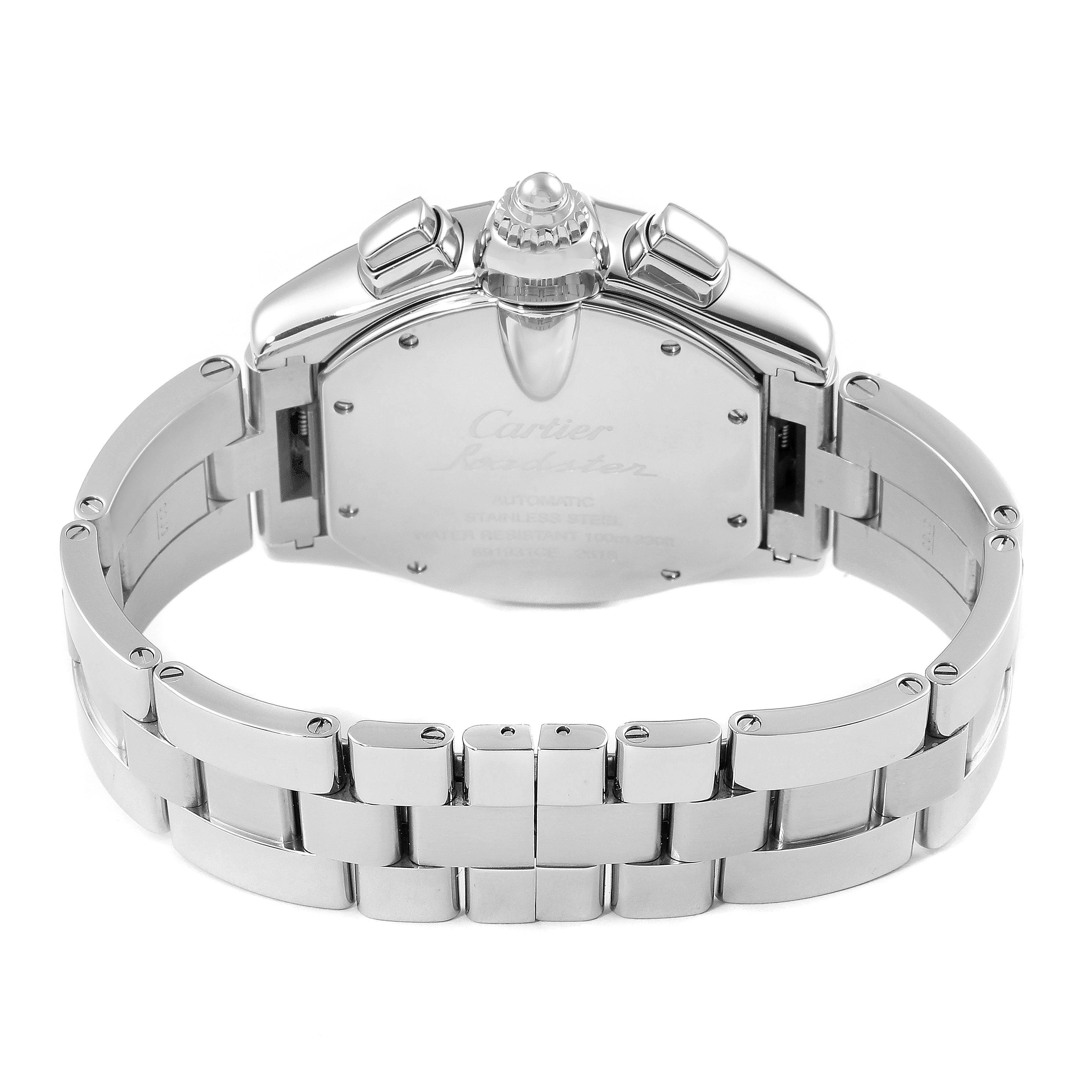 The image shows the back view of a Cartier Roadster W62020X6 Men
s Stainless Steel Black Dial W62020X6 Men
s Stainless Steel Black Dial watch, highlighting the bracelet and caseback details.
