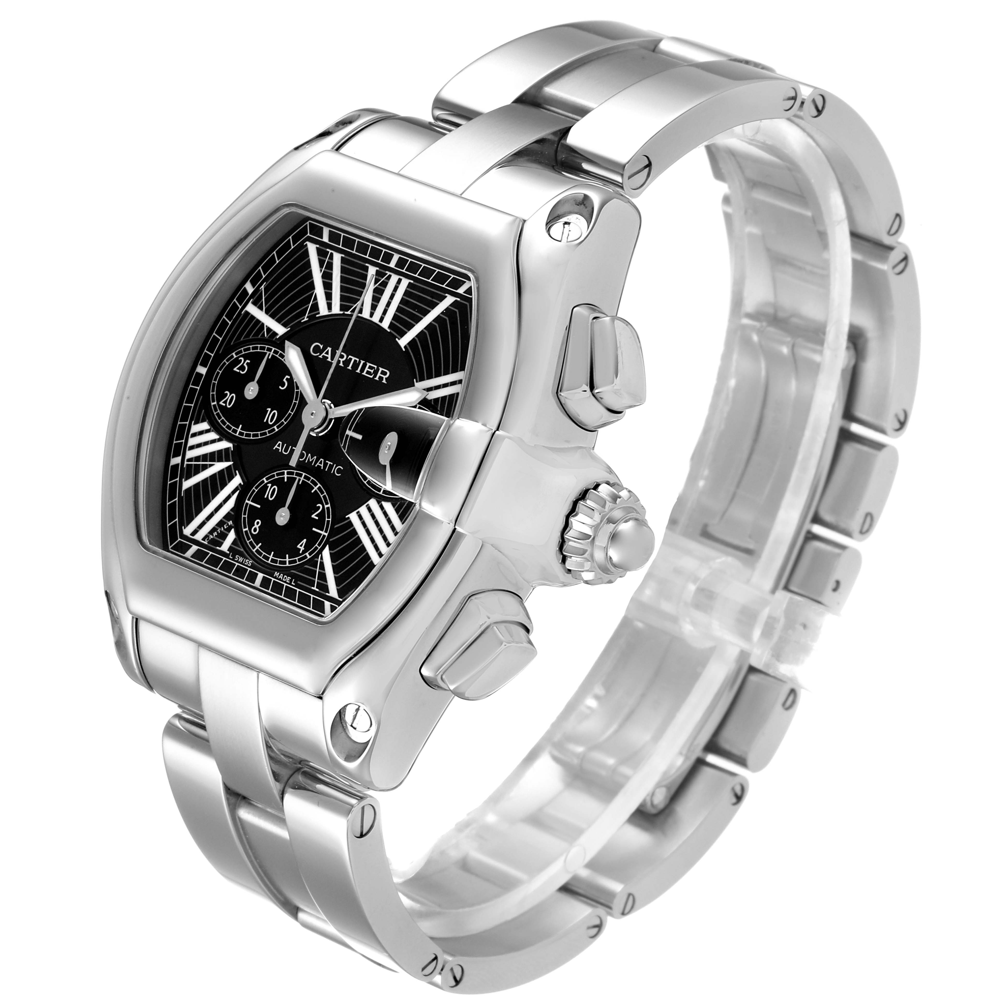 The image shows a Cartier Roadster W62020X6 Men
s Stainless Steel Black Dial W62020X6 Men
s Stainless Steel Black Dial watch at a three-quarter angle displaying the face, crown, and part of the bracelet.