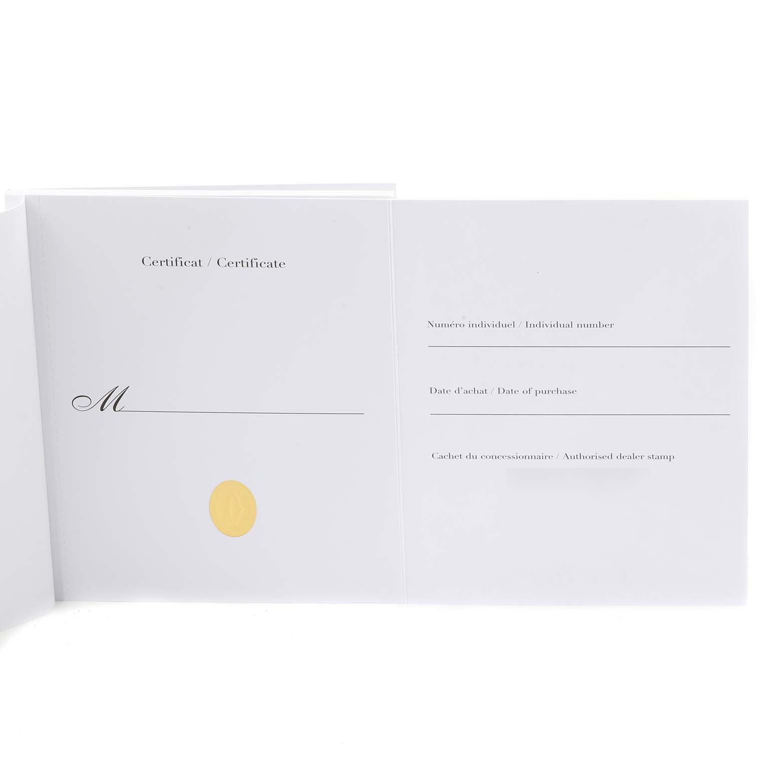 This image shows an open certificate for the Cartier Roadster W62020X6 Men
s Stainless Steel Black Dial W62020X6 Men
s Stainless Steel Black Dial model watch displaying spaces for date, dealer stamp, and individual number.