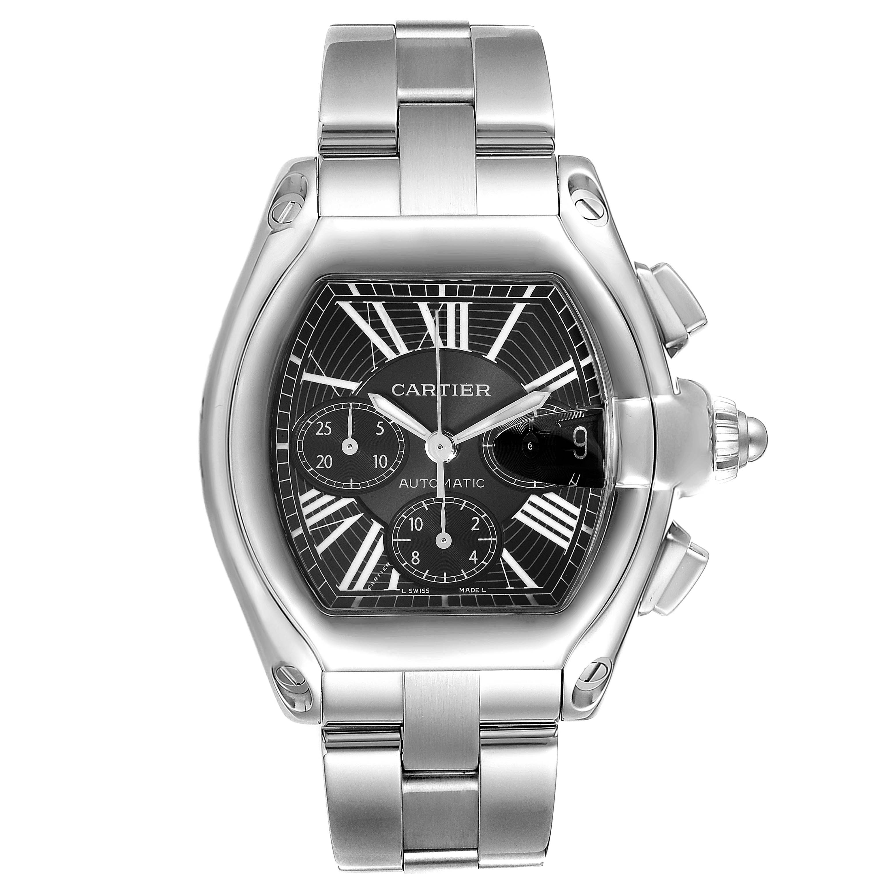 The image shows a front view of the Cartier Roadster W62020X6 Men
s Stainless Steel Black Dial W62020X6 Men
s Stainless Steel Black Dial watch, highlighting its face, bracelet, and crown.