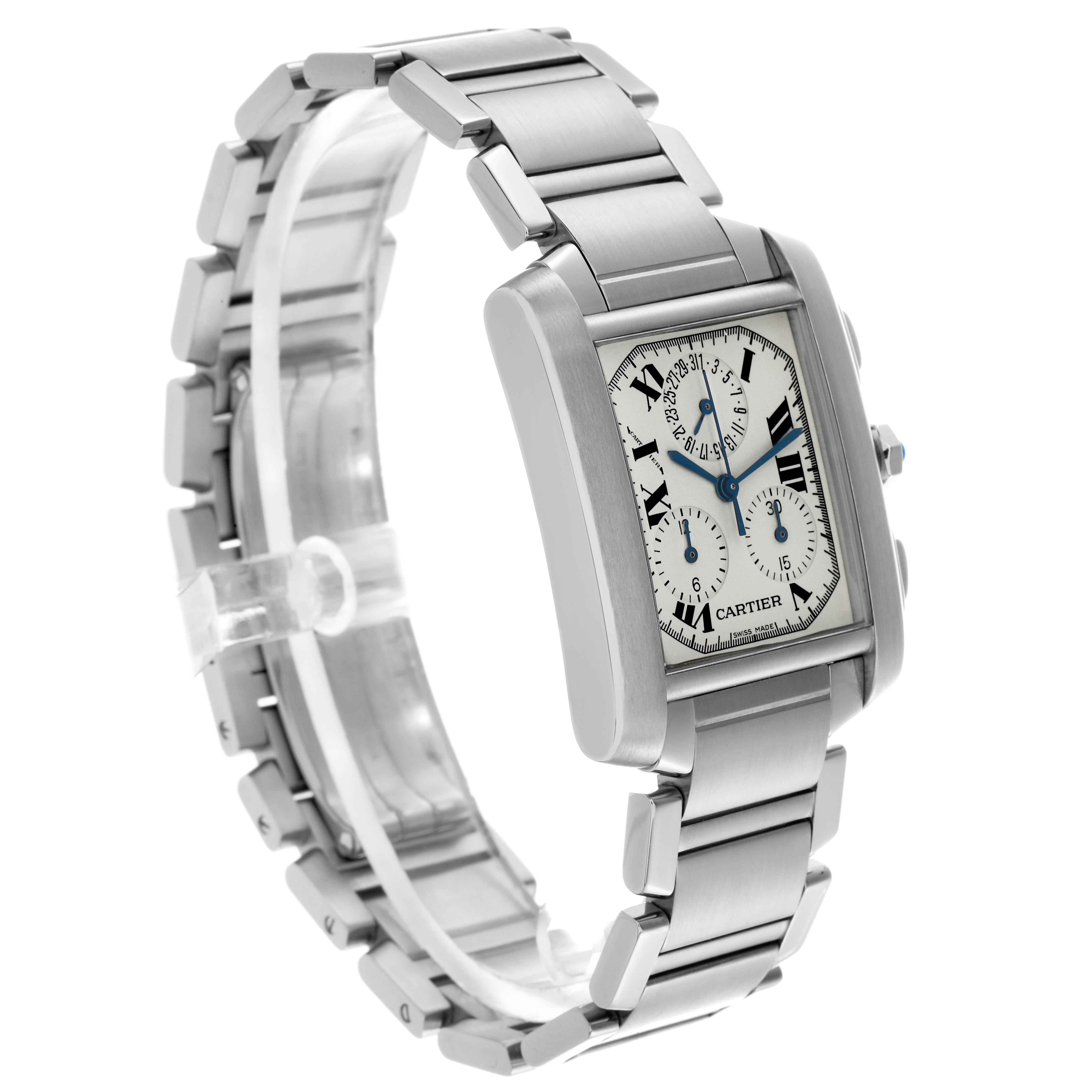 The Cartier Tank Française watch is shown at a three-quarter angle, highlighting the face, crown, and bracelet.