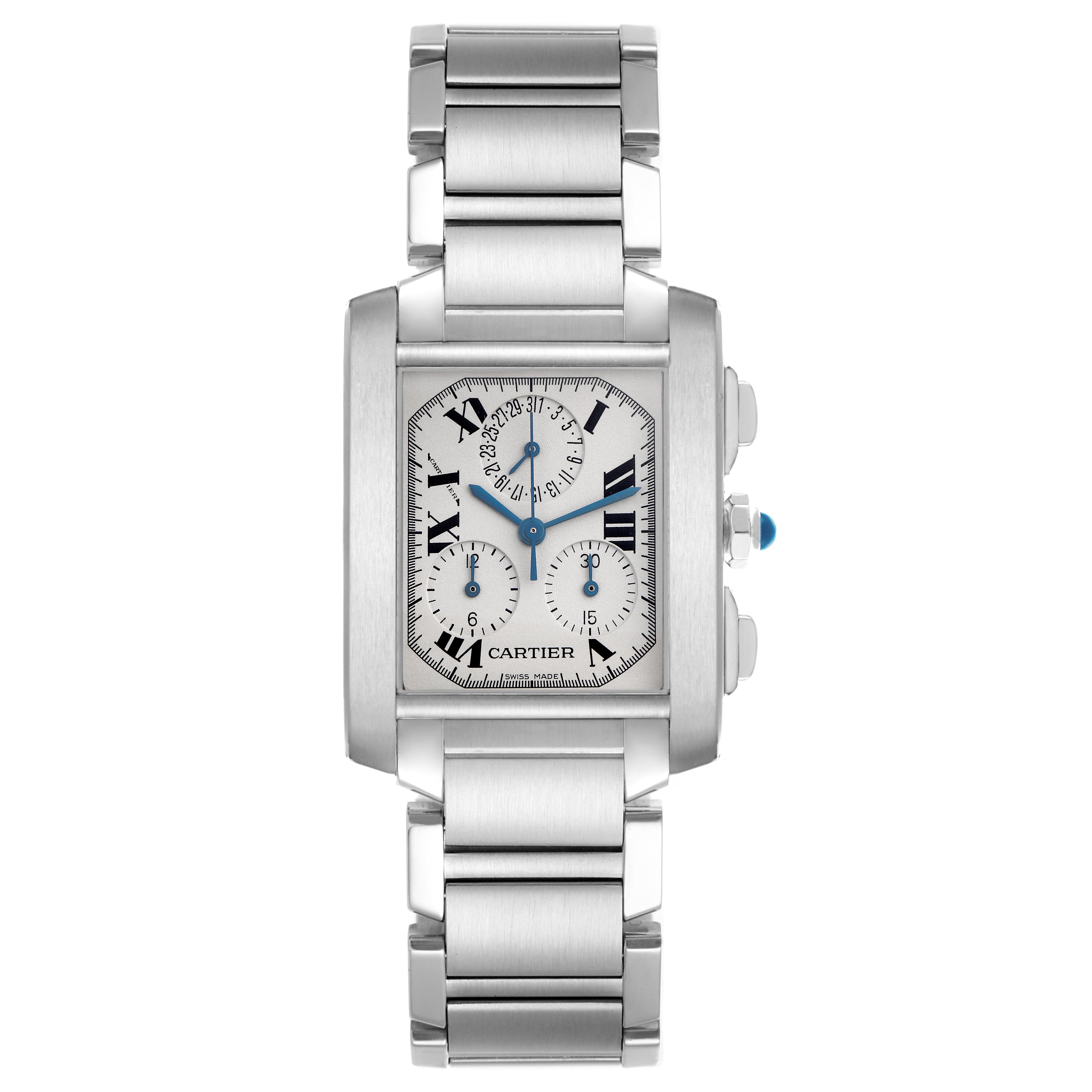 The Cartier Tank Française watch is shown from a front view, displaying its face and stainless steel bracelet.