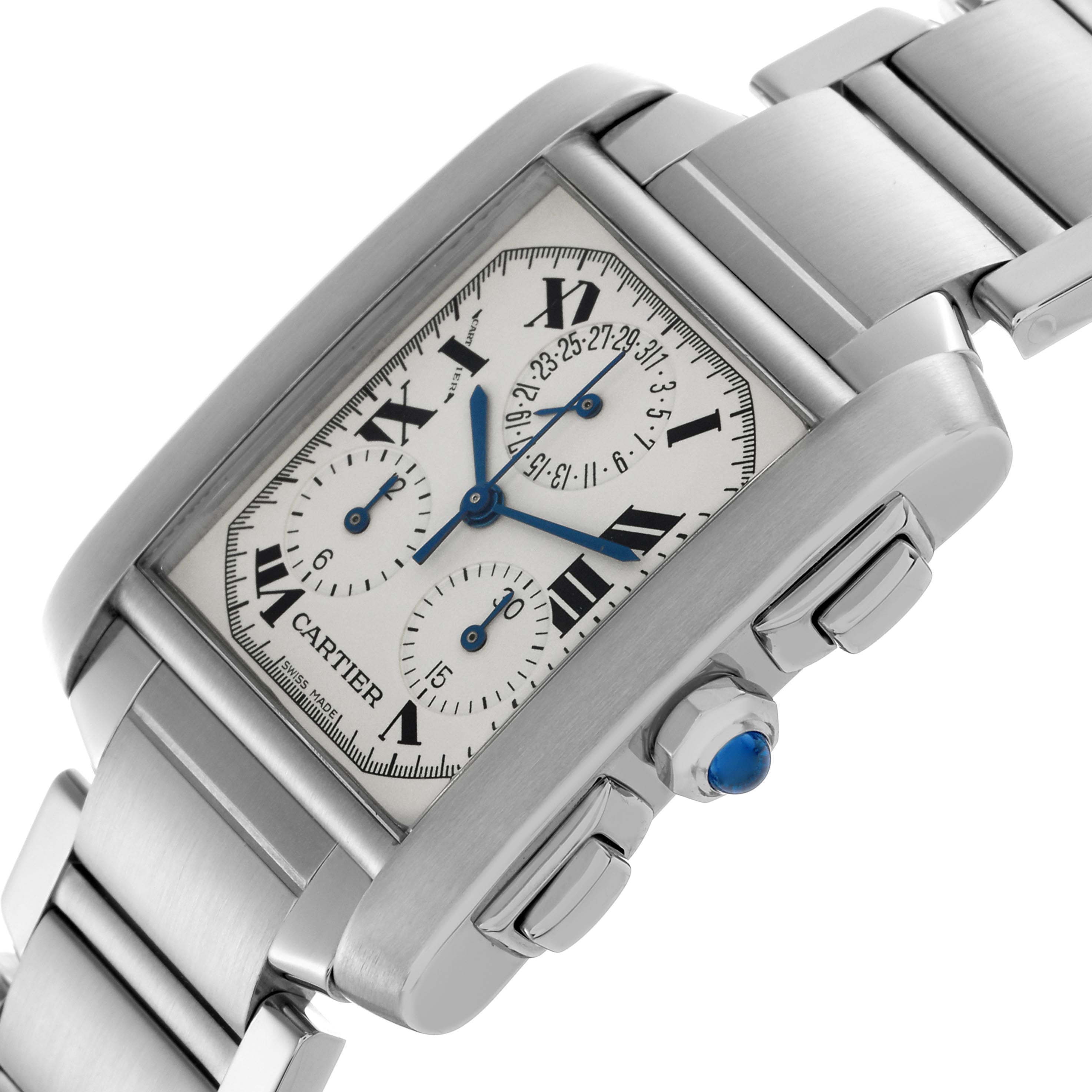 The Cartier Tank Francaise W51001Q3 Men's Stainless Steel Silver Dial W51001Q3 Men's Stainless Steel Silver Dial watch is shown at an angled side view, highlighting its face, chronograph dials, and bracelet.