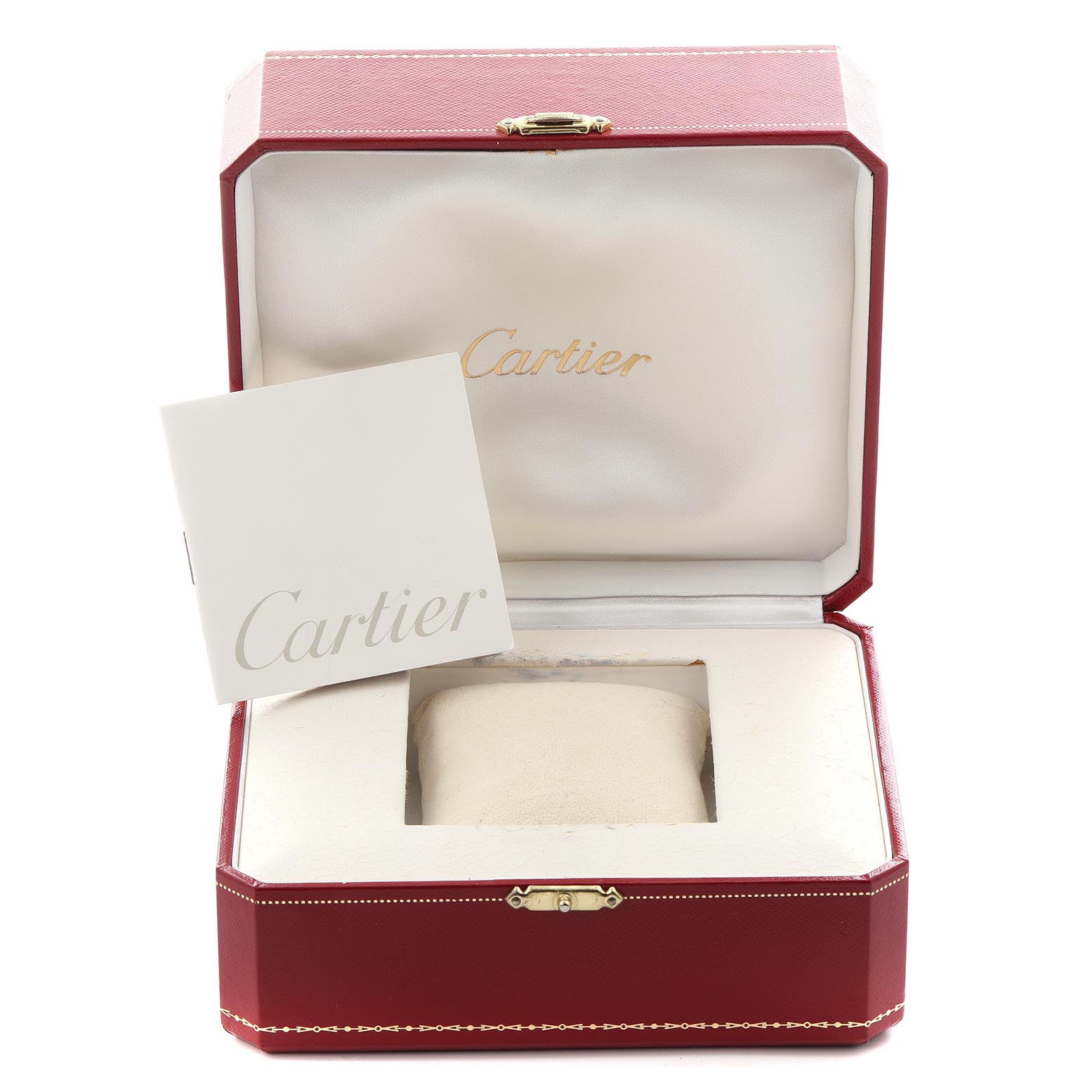 The image shows an open Cartier Tank Française watch box, a cushion, and a booklet, viewed from the front.