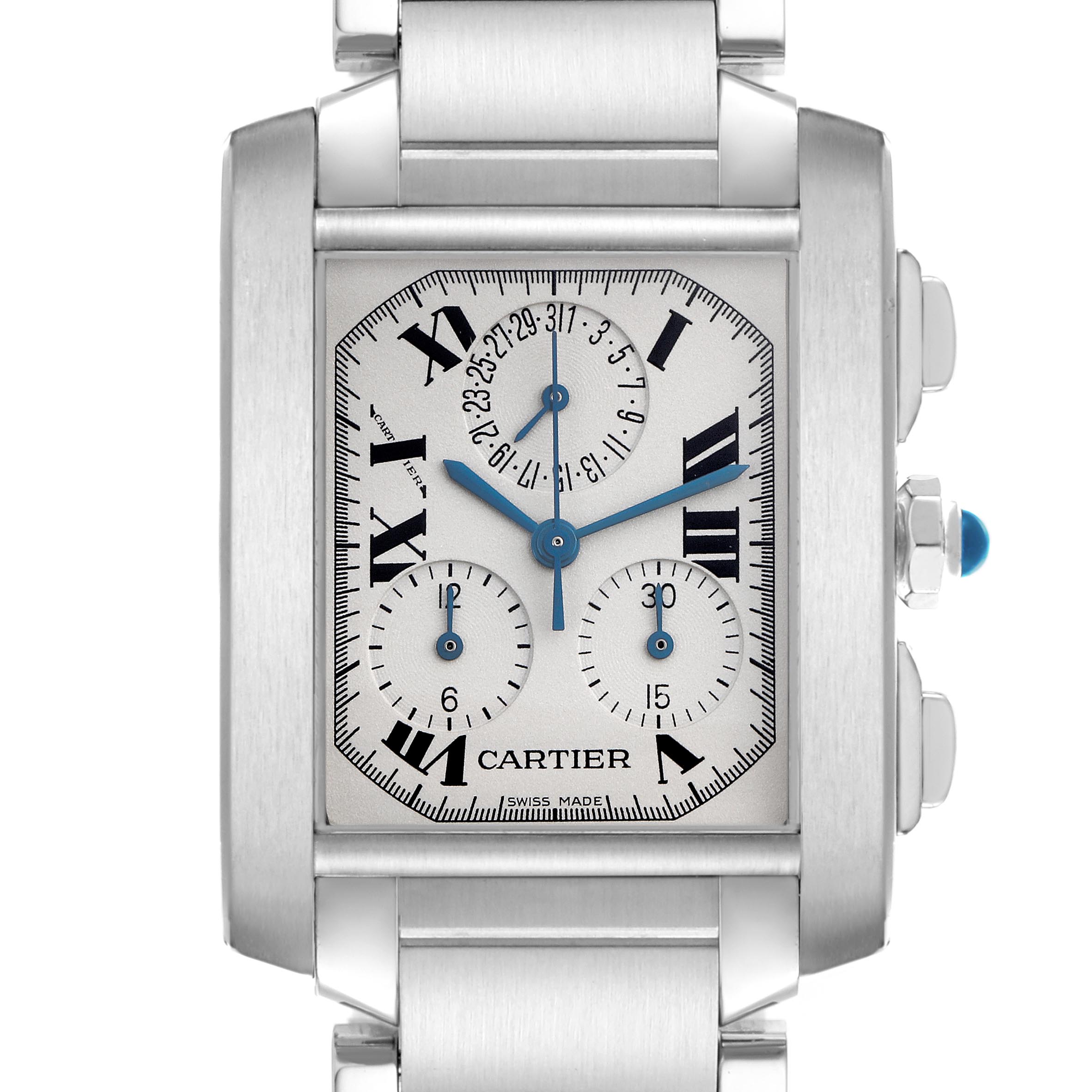 The Cartier Tank Francaise W51001Q3 Men's Stainless Steel Silver Dial W51001Q3 Men's Stainless Steel Silver Dial watch is shown from the front, displaying its rectangular face, Roman numerals, and chronograph dials.