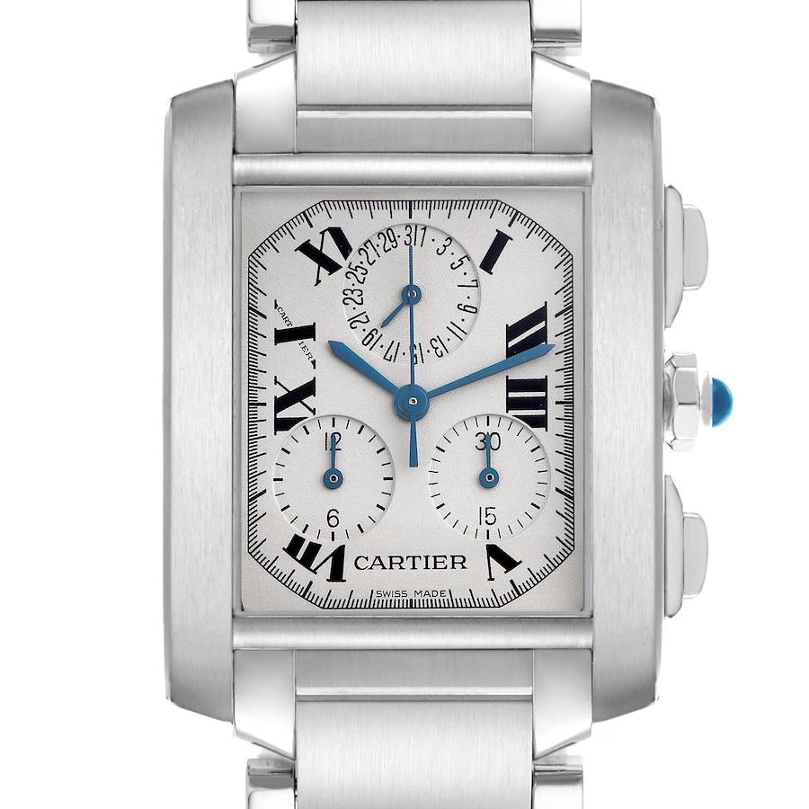 The Cartier Tank Francaise watch is shown from the front, displaying its rectangular face, Roman numerals, and chronograph dials.