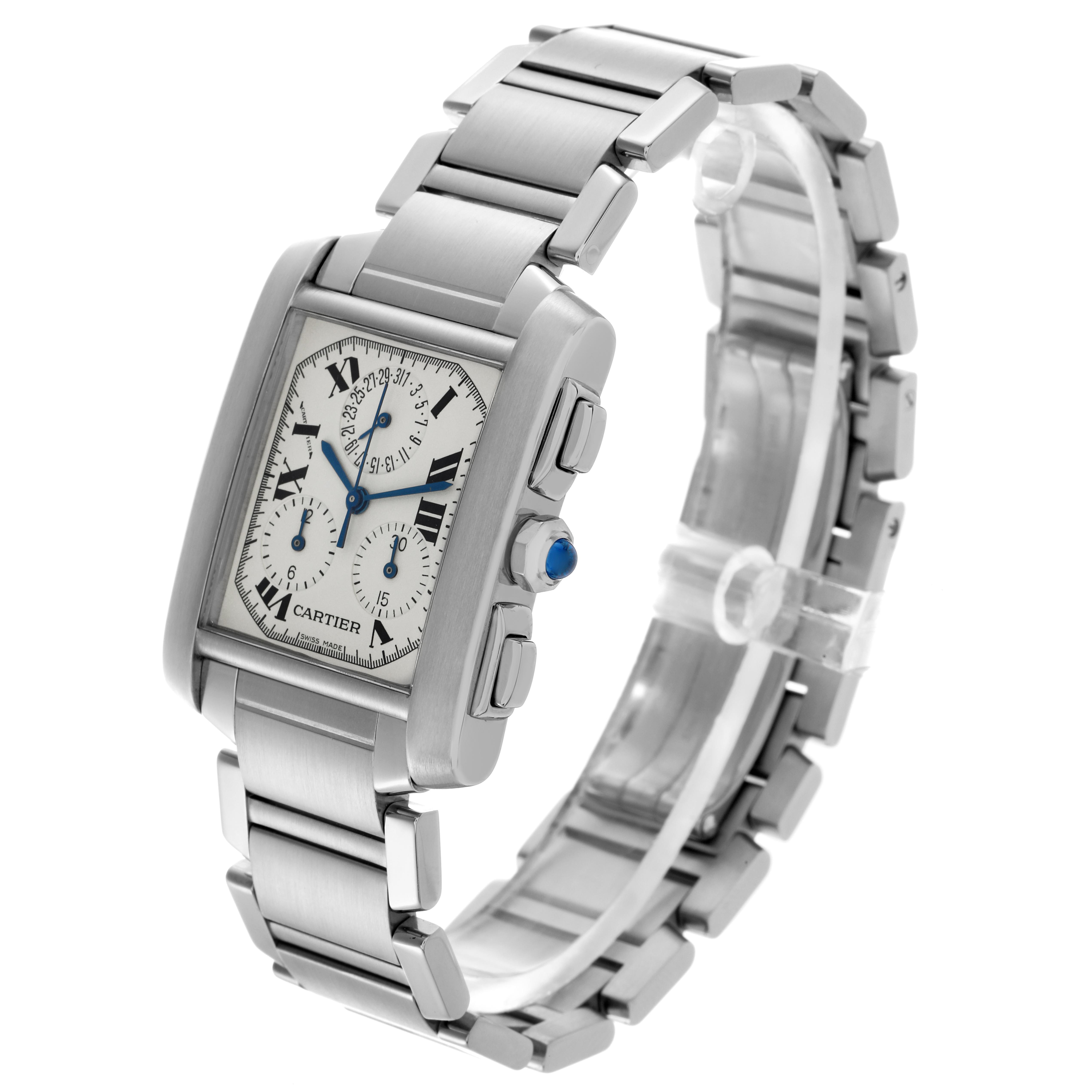 The Cartier Tank Française watch is shown at a slight angle, highlighting the bracelet, case, and side view of the crown.