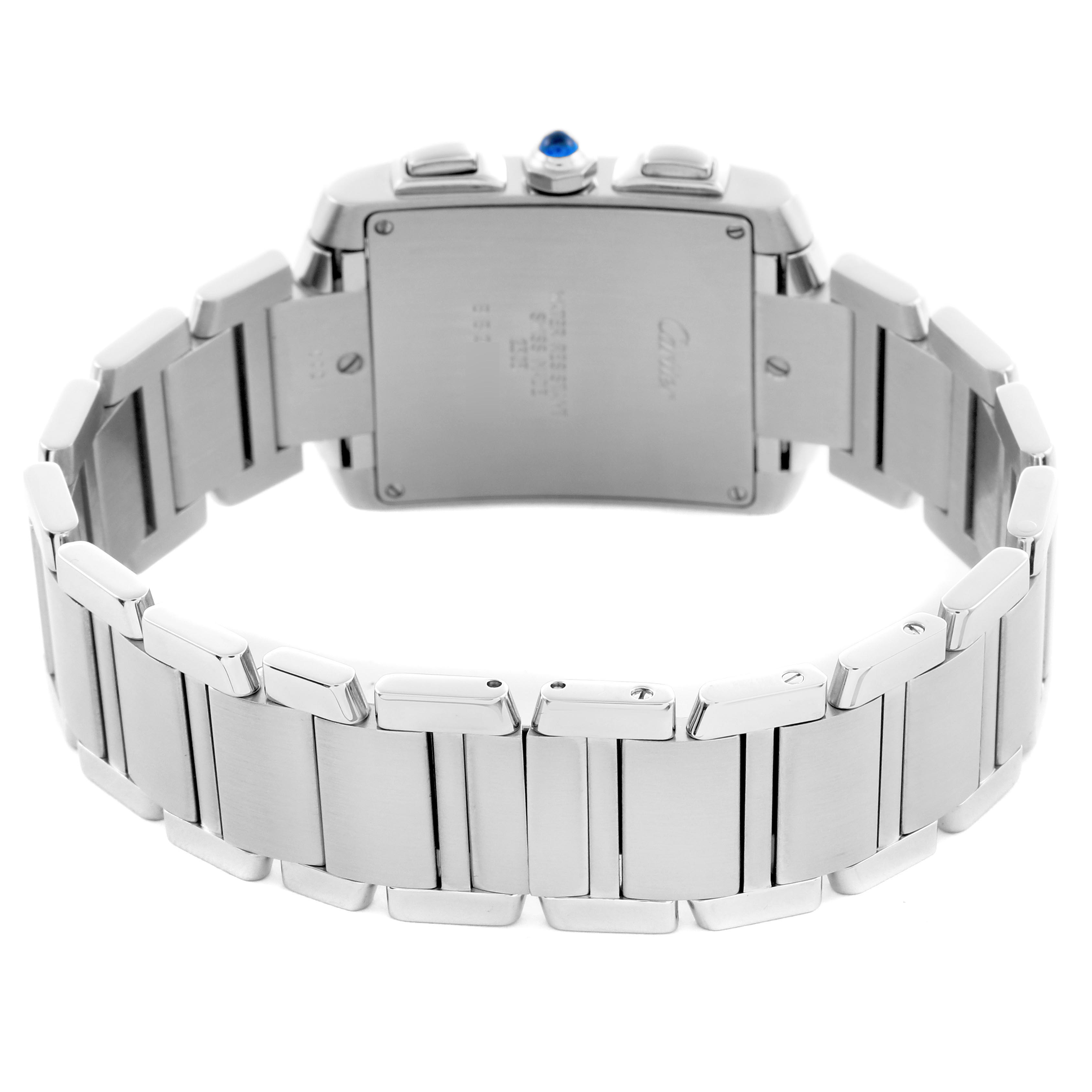 The Cartier Tank Française watch is shown from the back, displaying its metal bracelet and case back.