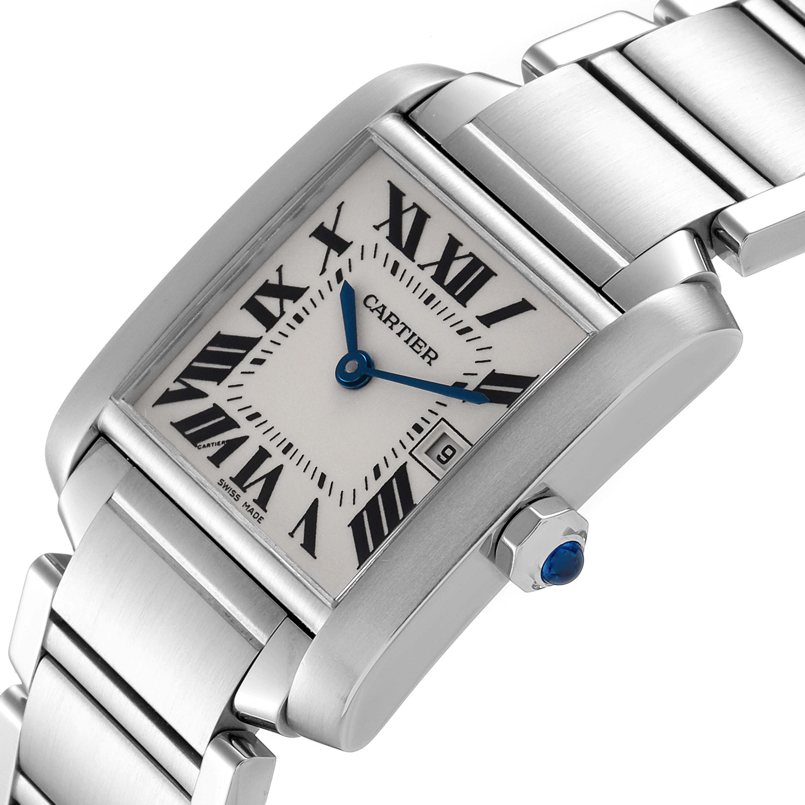 The image shows a Cartier Tank Francaise W51011Q3 Women's Stainless Steel Silver Dial W51011Q3 Women's Stainless Steel Silver Dial watch at a slight side angle, highlighting the face, bracelet, and crown with a blue cabochon.
