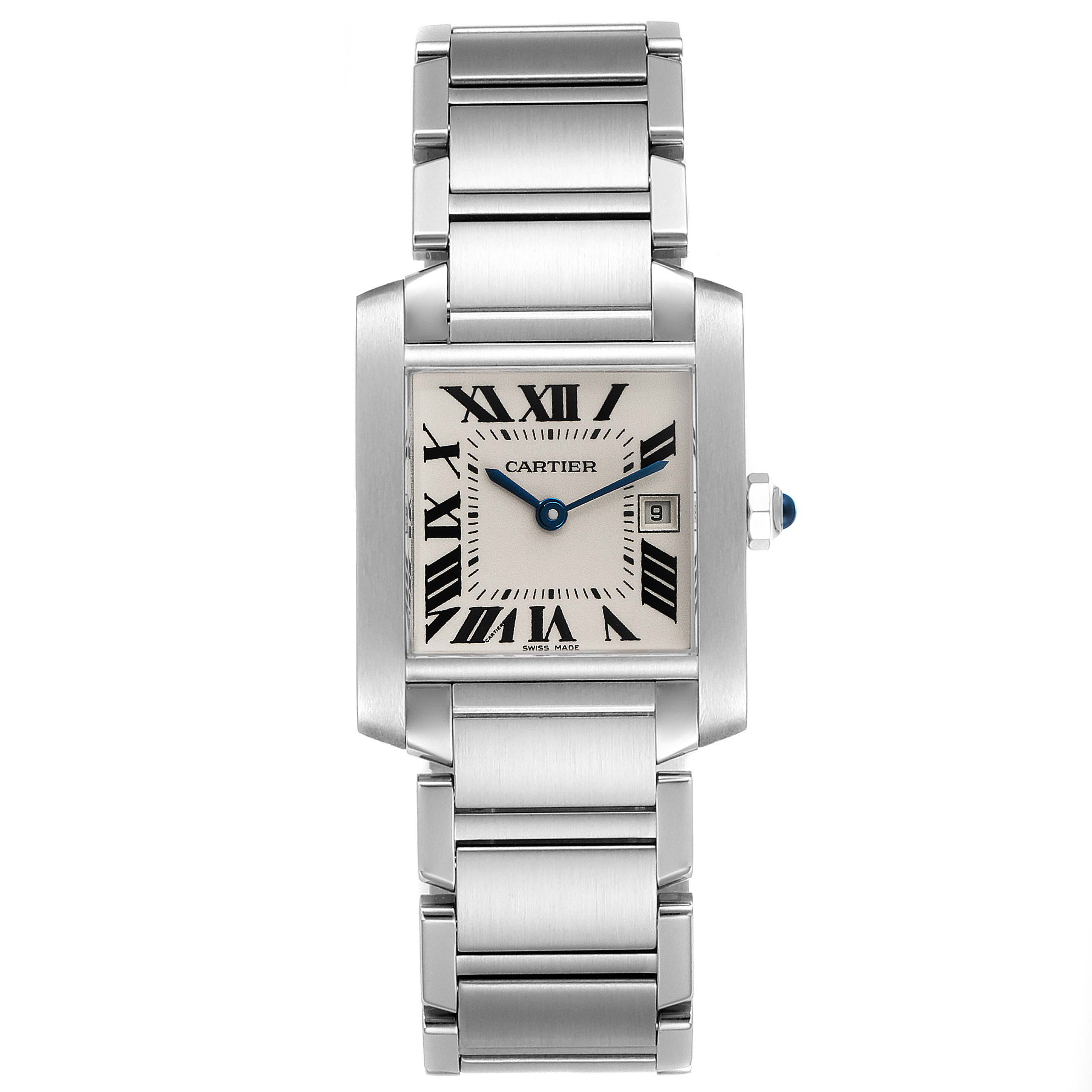 The image shows the front view of a Cartier Tank Francaise W51011Q3 Women's Stainless Steel Silver Dial W51011Q3 Women's Stainless Steel Silver Dial watch, highlighting the dial, bracelet, and crown.