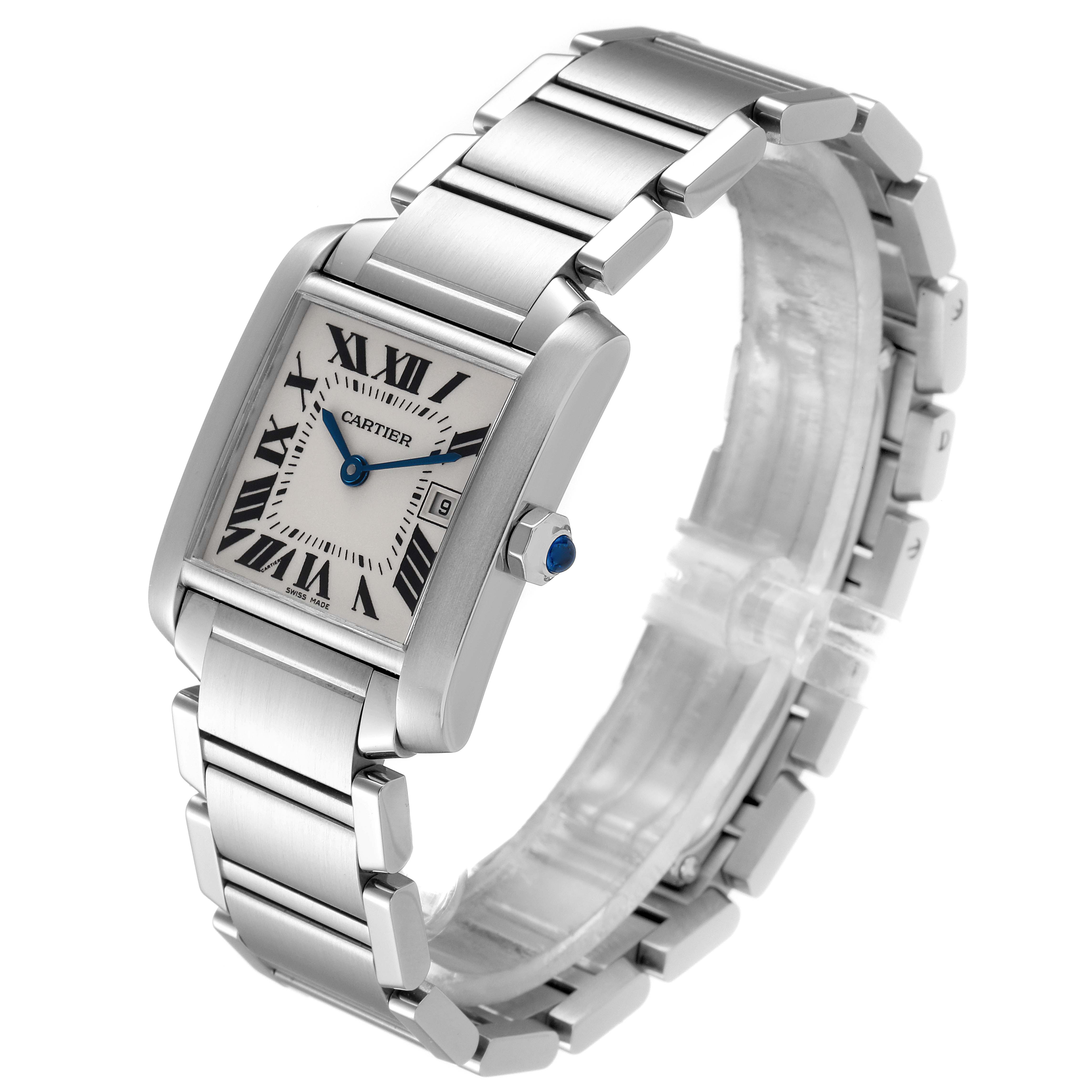 The Cartier Tank Francaise W51011Q3 Women's Stainless Steel Silver Dial W51011Q3 Women's Stainless Steel Silver Dial watch is shown at a three-quarter angle, highlighting its rectangular face, bracelet, and crown.