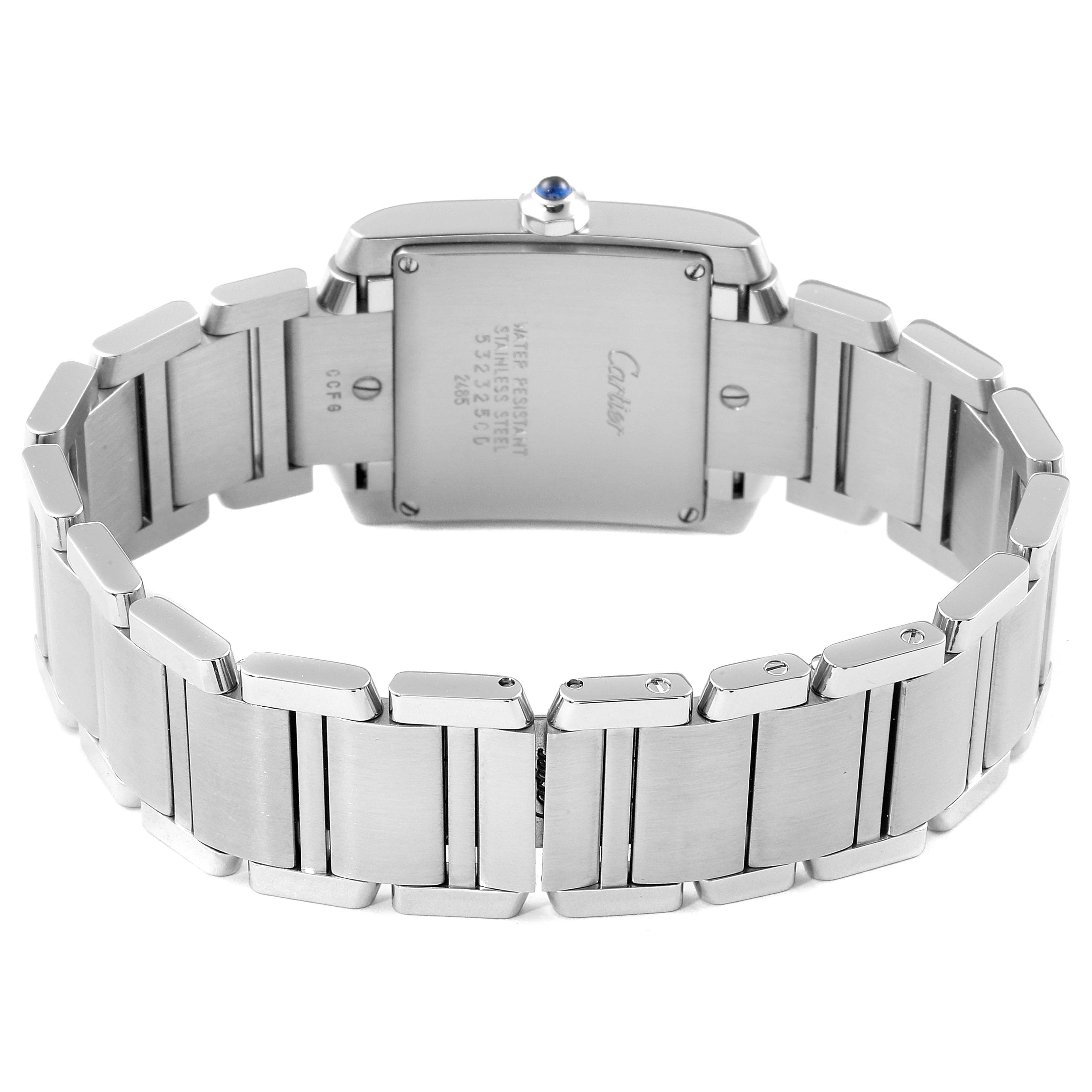 This image shows the back view of the Cartier Tank Francaise W51011Q3 Women's Stainless Steel Silver Dial W51011Q3 Women's Stainless Steel Silver Dial watch, highlighting its stainless steel case and bracelet.