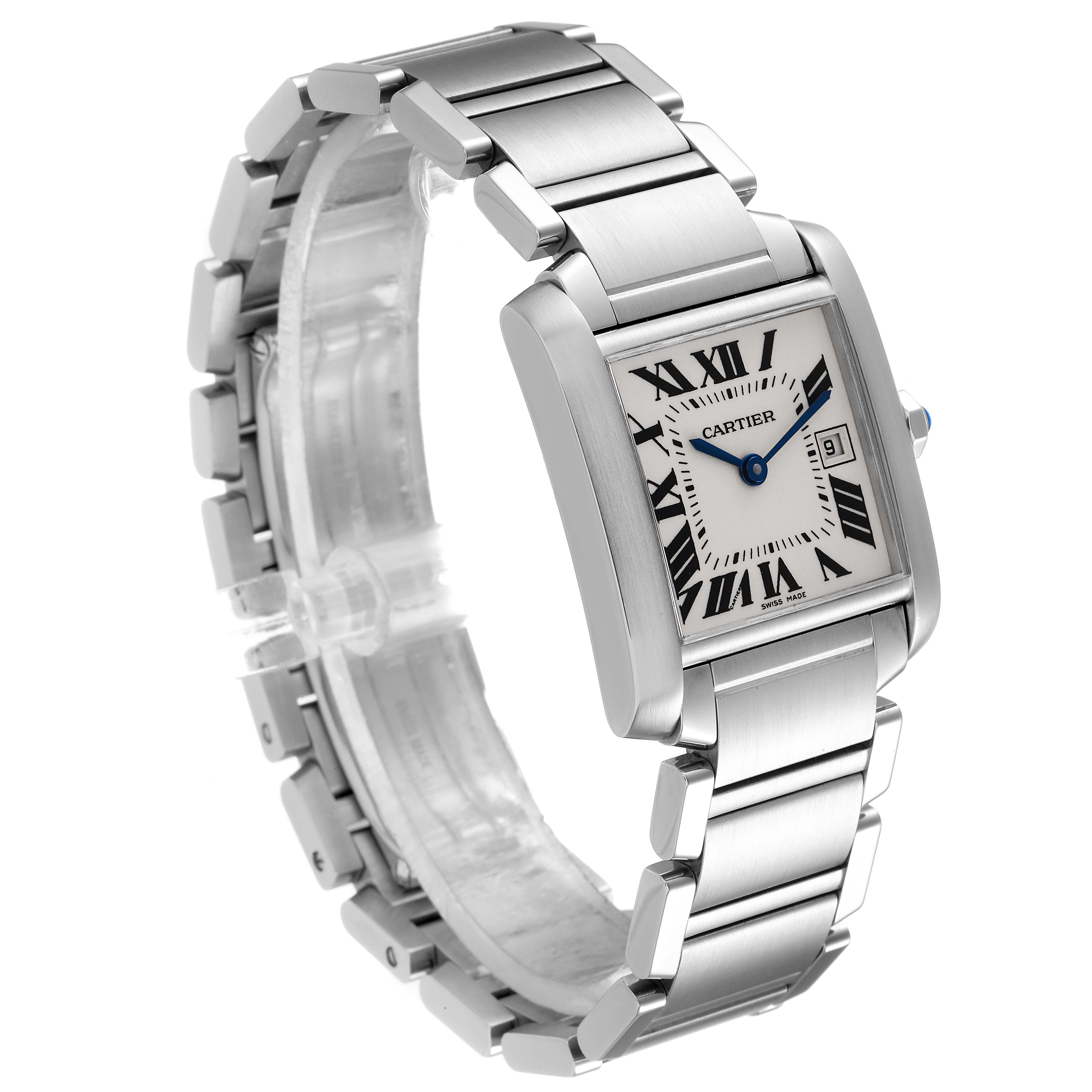 The image shows a Cartier Tank Francaise W51011Q3 Women's Stainless Steel Silver Dial W51011Q3 Women's Stainless Steel Silver Dial watch at an angled side view, displaying the face, bracelet, and clasp.