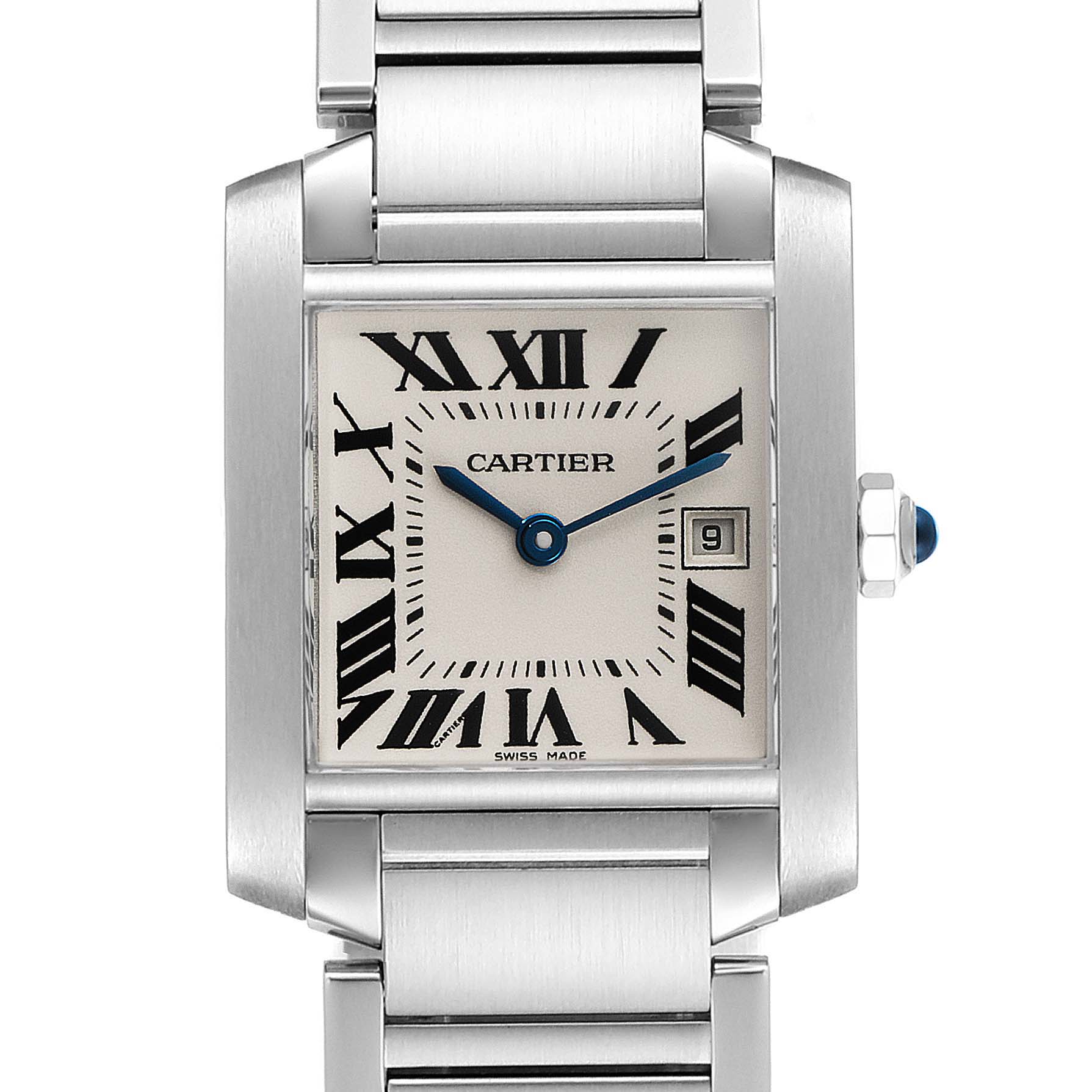 The image shows a front view of the Cartier Tank Francaise W51011Q3 Women's Stainless Steel Silver Dial W51011Q3 Women's Stainless Steel Silver Dial watch, highlighting its rectangular dial, Roman numerals, and metal band.