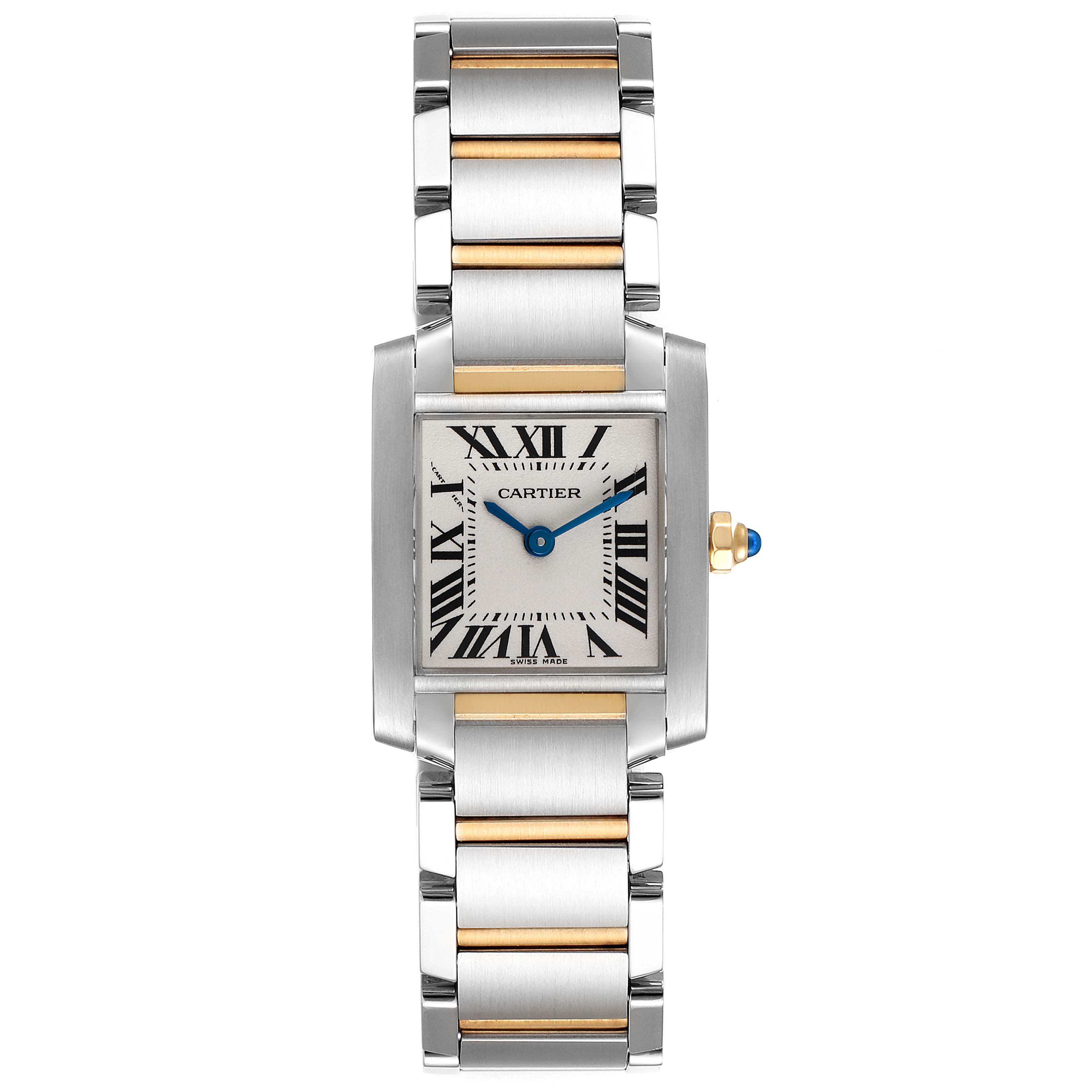 The image shows a front view of a Cartier Tank Francaise W51007Q4 Women's Steel and Gold (two tone) Silver Dial W51007Q4 Women's Steel and Gold (two tone) Silver Dial watch, highlighting its rectangular face, bracelet, and crown.