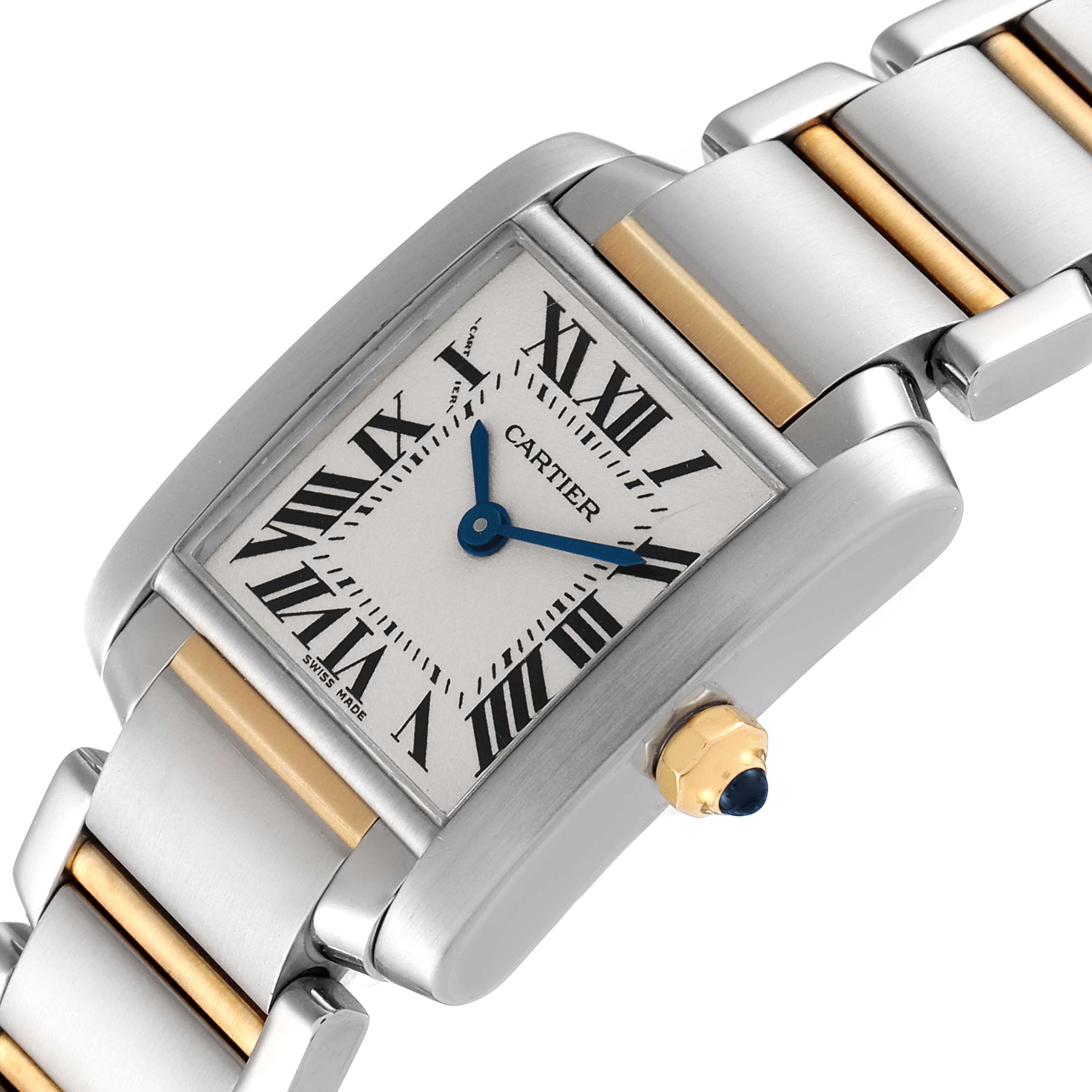 The image shows a close-up angled view of the Cartier Tank Francaise W51007Q4 Women's Steel and Gold (two tone) Silver Dial W51007Q4 Women's Steel and Gold (two tone) Silver Dial watch, highlighting its face, crown, and part of the bracelet.
