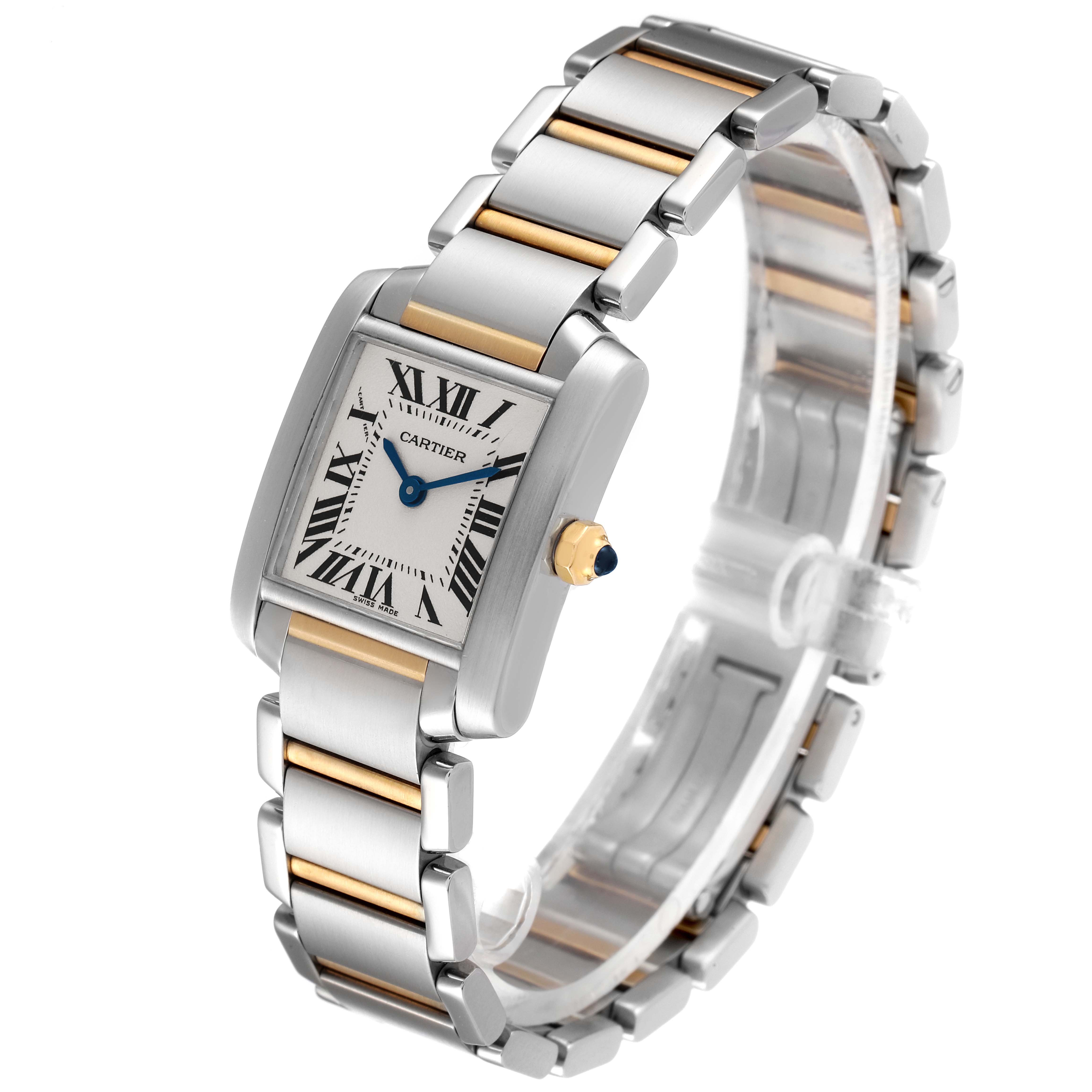 The Tank Francaise by Cartier is shown at an angle highlighting its rectangular face, Roman numerals, and two-tone metal bracelet.