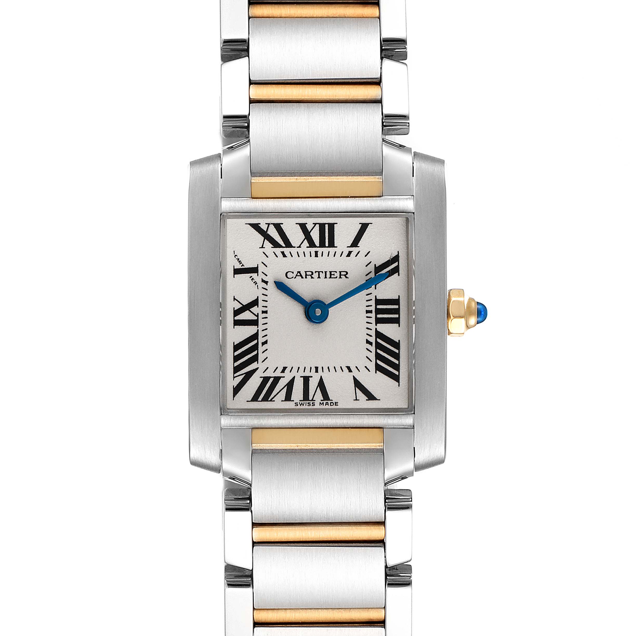 The image shows a front view of a Cartier Tank Francaise W51007Q4 Women's Steel and Gold (two tone) Silver Dial W51007Q4 Women's Steel and Gold (two tone) Silver Dial watch, displaying the face, case, and part of the bracelet.