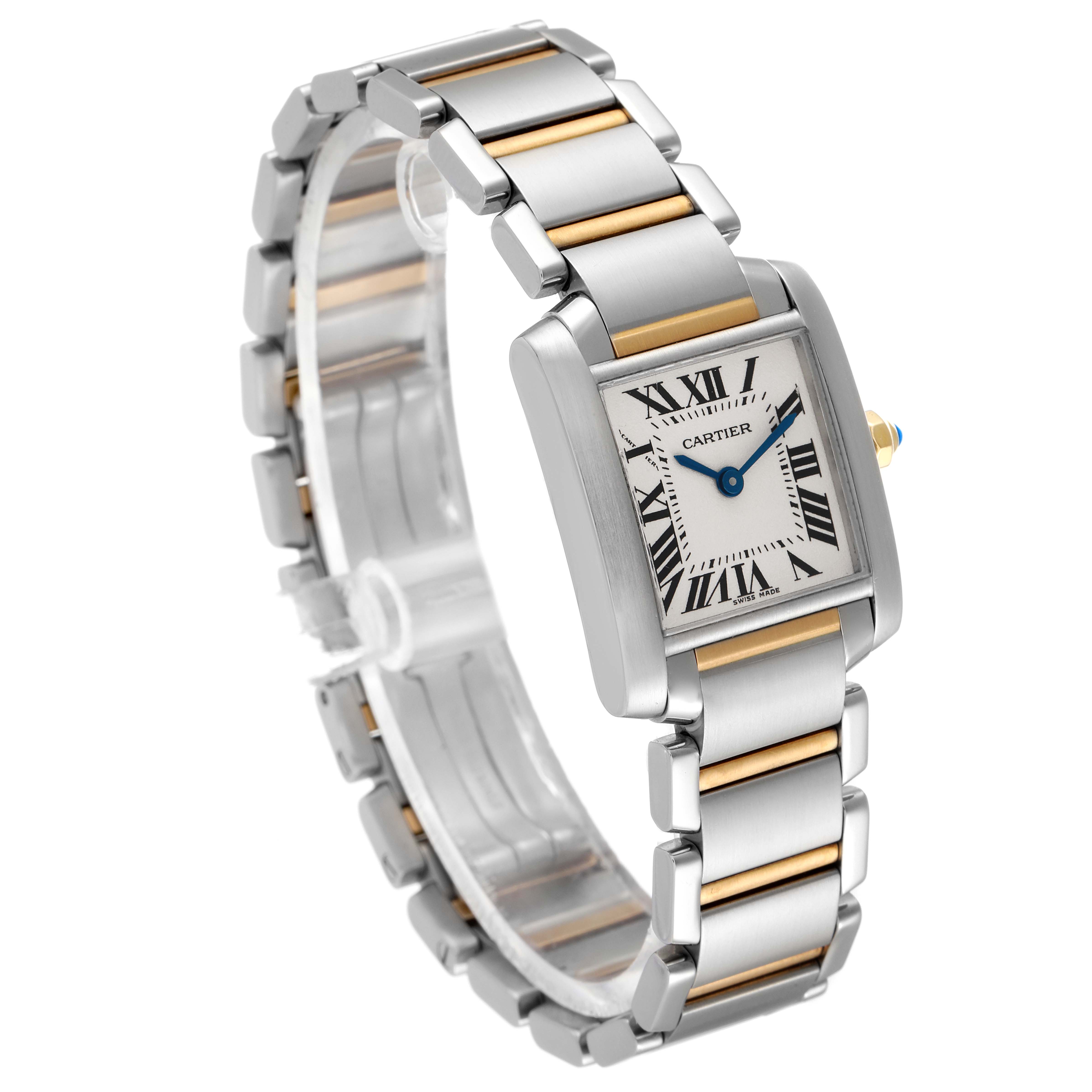 The image shows a front-side angle of a Cartier Tank Francaise W51007Q4 Women's Steel and Gold (two tone) Silver Dial W51007Q4 Women's Steel and Gold (two tone) Silver Dial watch, highlighting its rectangular face and two-tone metal bracelet.