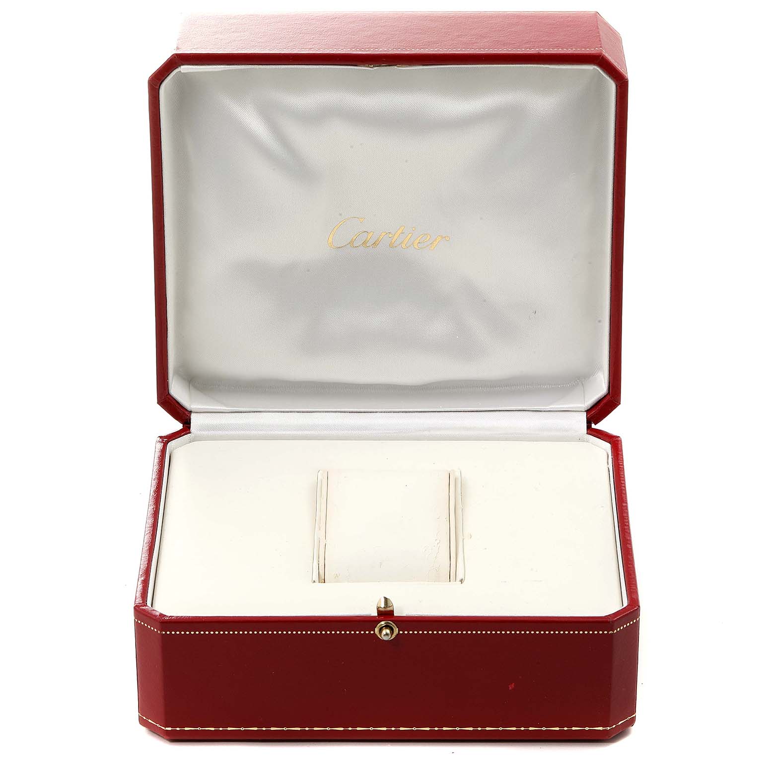 This image shows an open red-and-white Cartier box for the Tank Française watch model, viewed from the front.