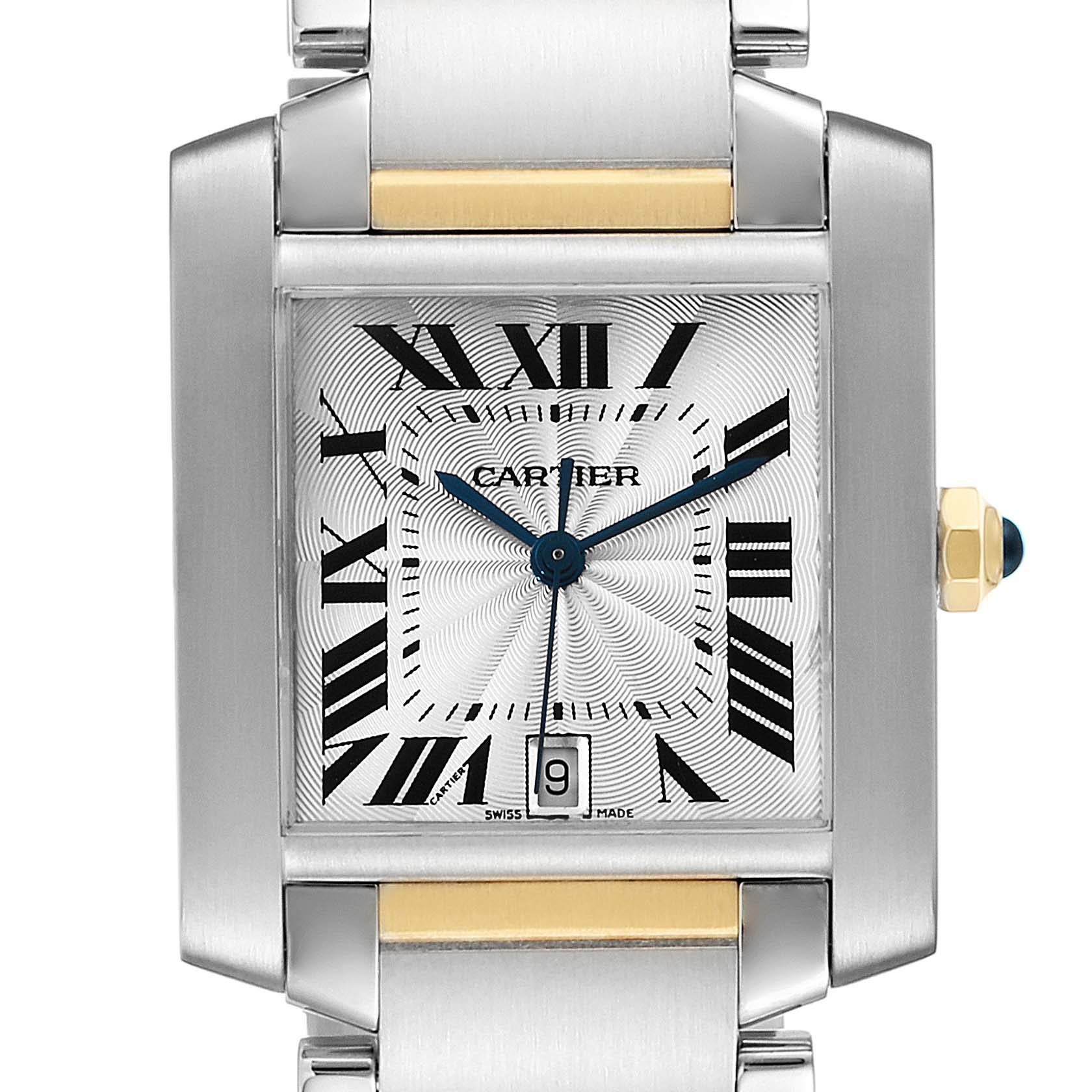 The image shows a close-up view of the Cartier Tank Française model watch face and partial bracelet, with Roman numerals and a date display.