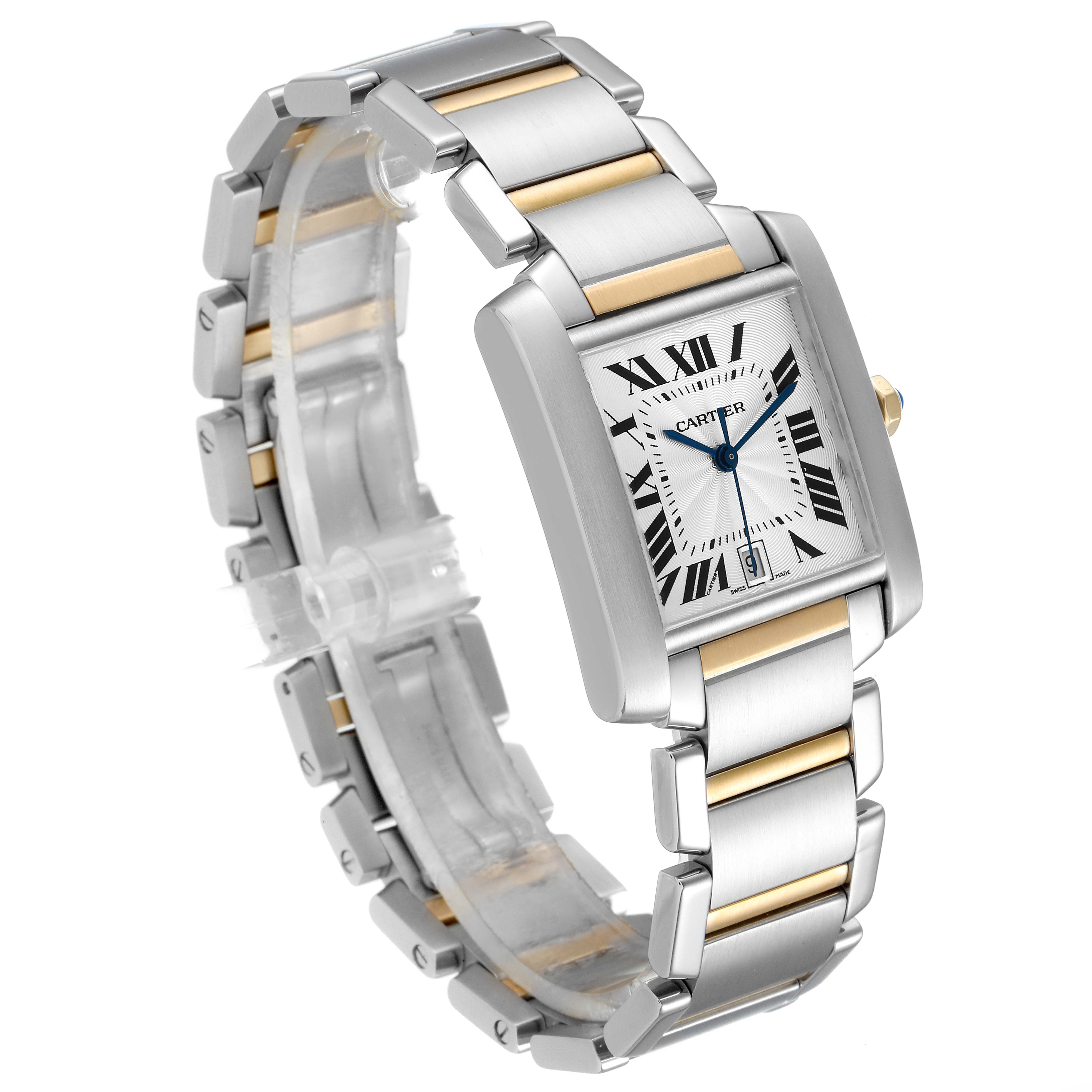 The image shows a Cartier Tank Francaise W51005Q4 Men's Steel and Gold (two tone) Silver Dial W51005Q4 Men's Steel and Gold (two tone) Silver Dial watch angled from the front right, highlighting the strap and face details.