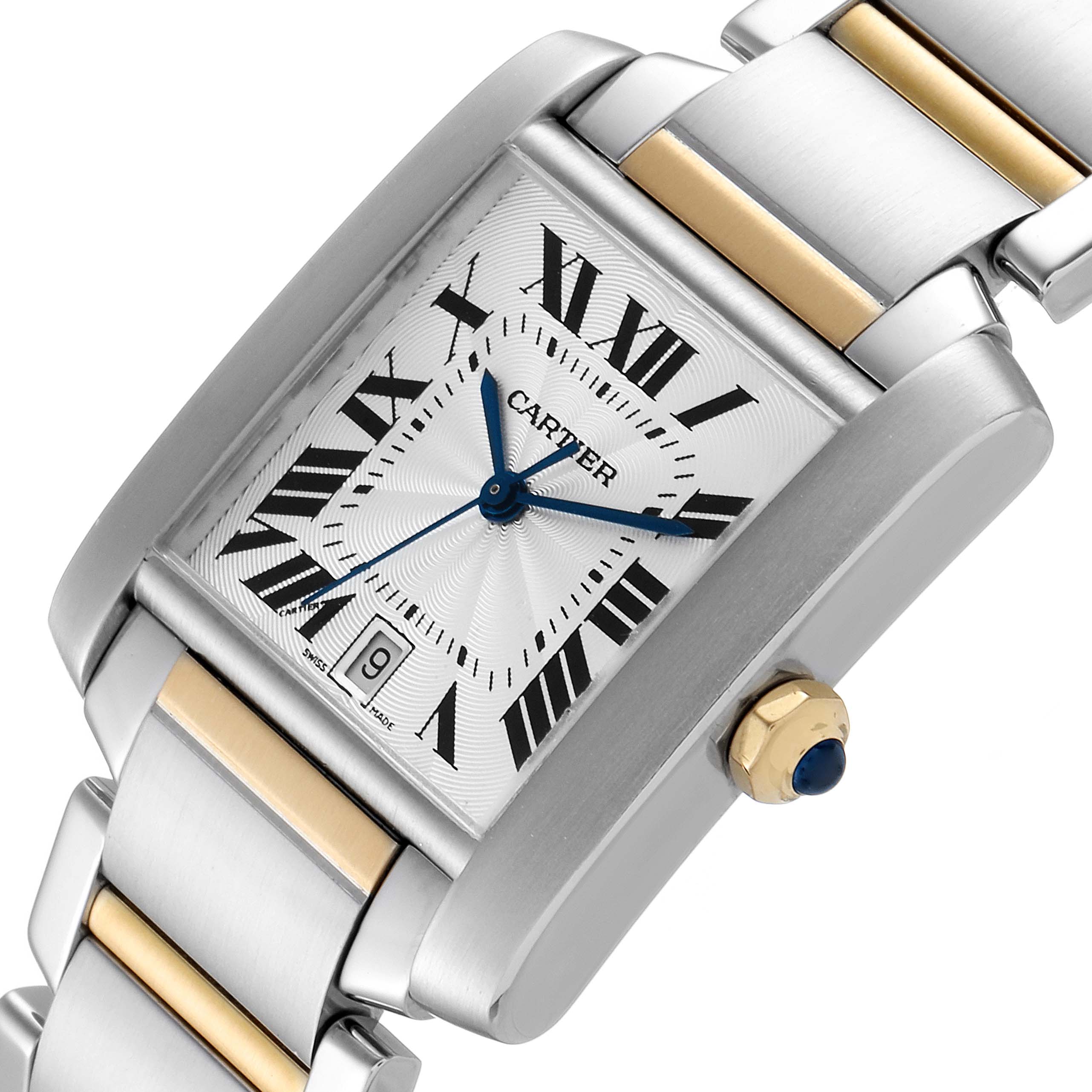 This image shows a close-up angled view of a Cartier Tank Francaise W51005Q4 Men's Steel and Gold (two tone) Silver Dial W51005Q4 Men's Steel and Gold (two tone) Silver Dial watch, highlighting the face, crown, and part of the bracelet.
