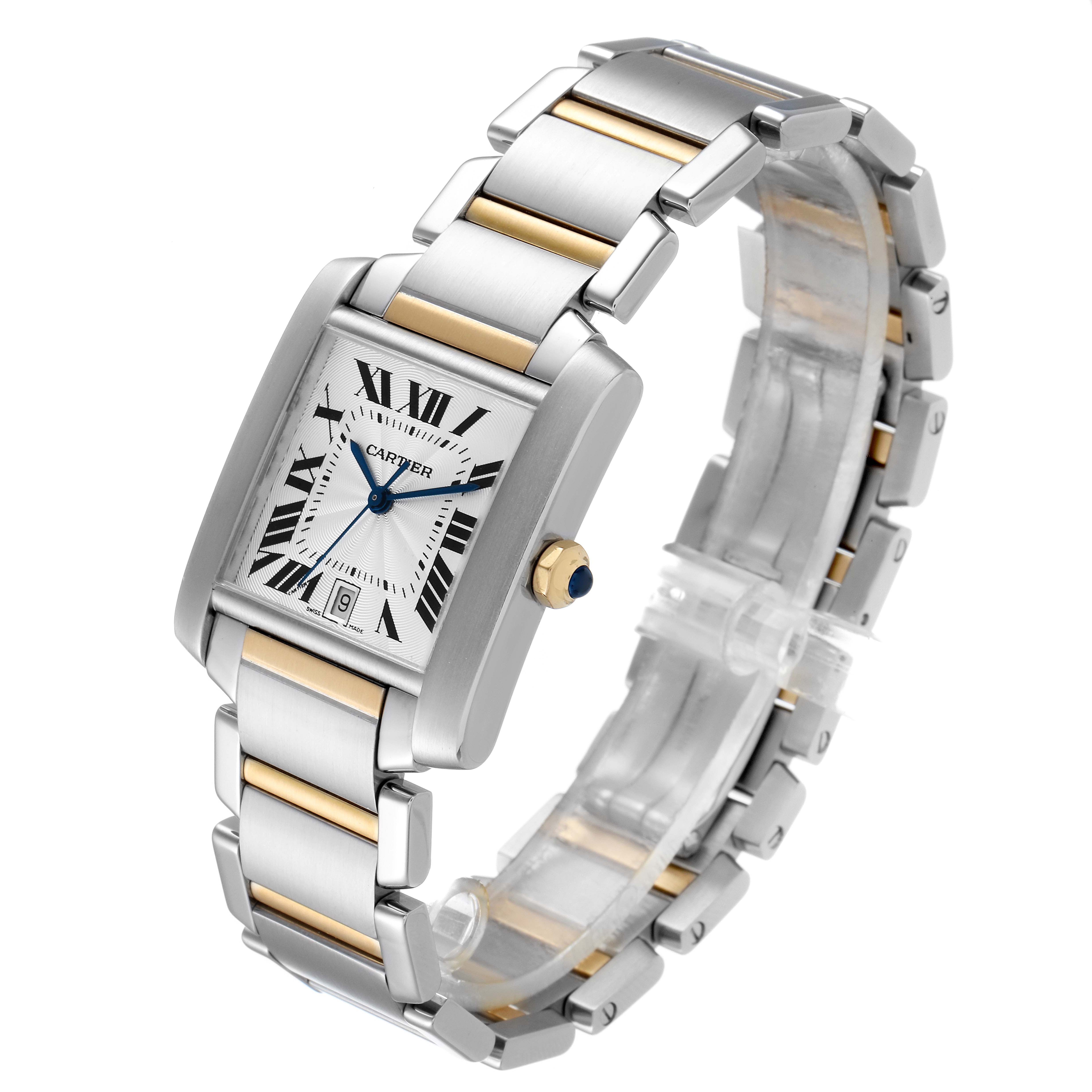 The Cartier Tank Francaise W51005Q4 Men's Steel and Gold (two tone) Silver Dial W51005Q4 Men's Steel and Gold (two tone) Silver Dial watch is shown at a three-quarter view angle, highlighting its rectangular dial and two-tone bracelet.