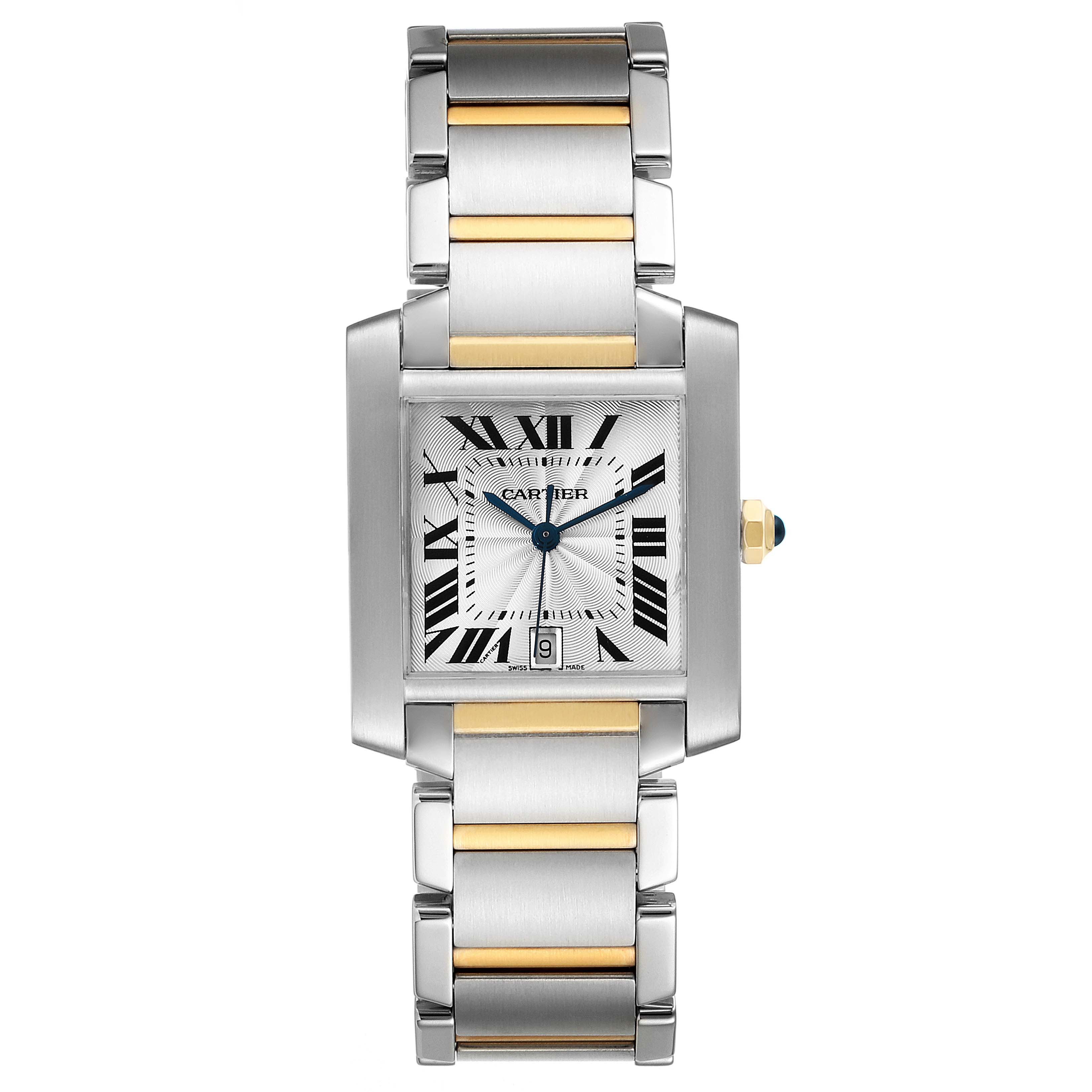 This image shows a frontal view of the Cartier Tank Française watch, highlighting its dial and bracelet.