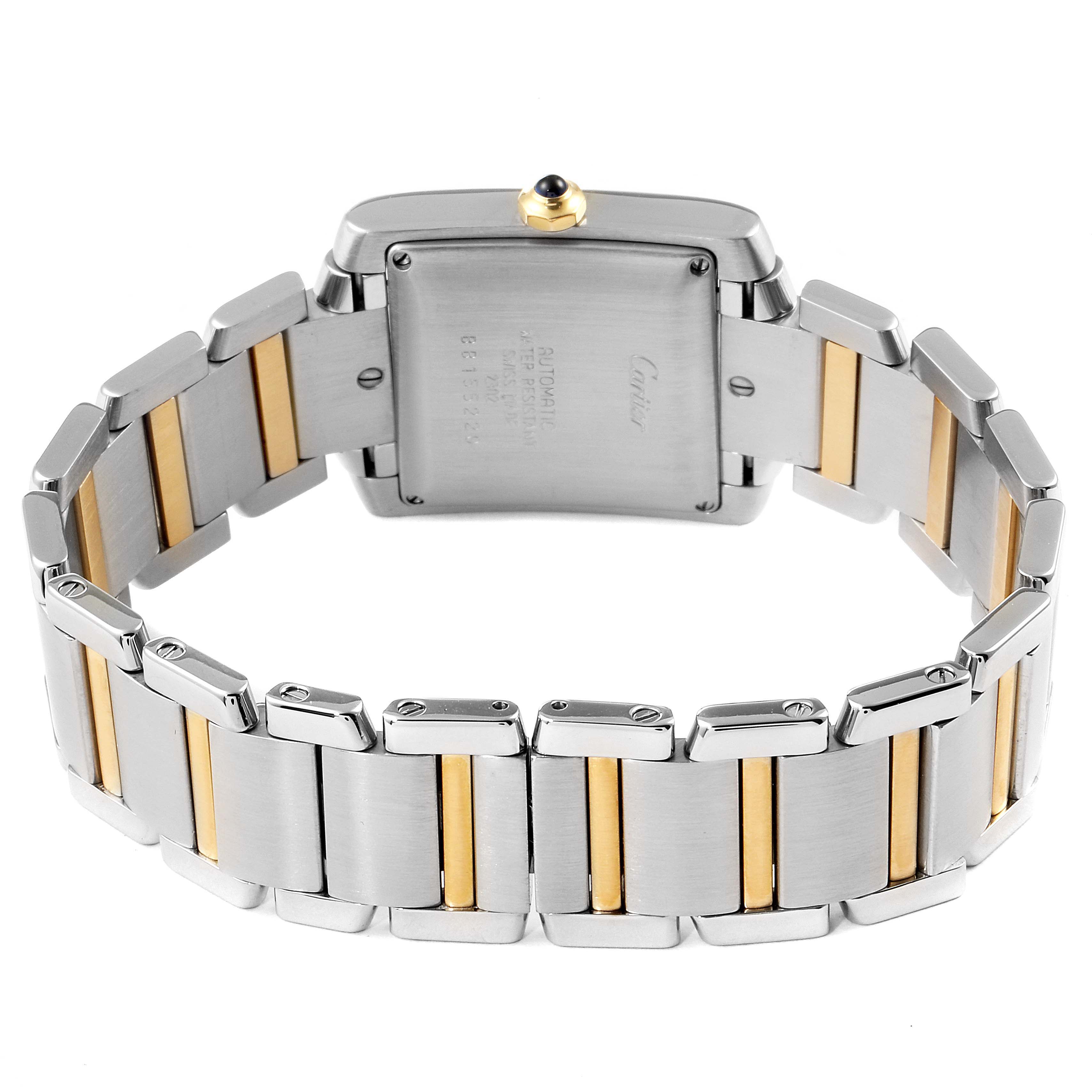 This image shows the back view of the Cartier Tank Française watch with its stainless steel and gold bracelet.