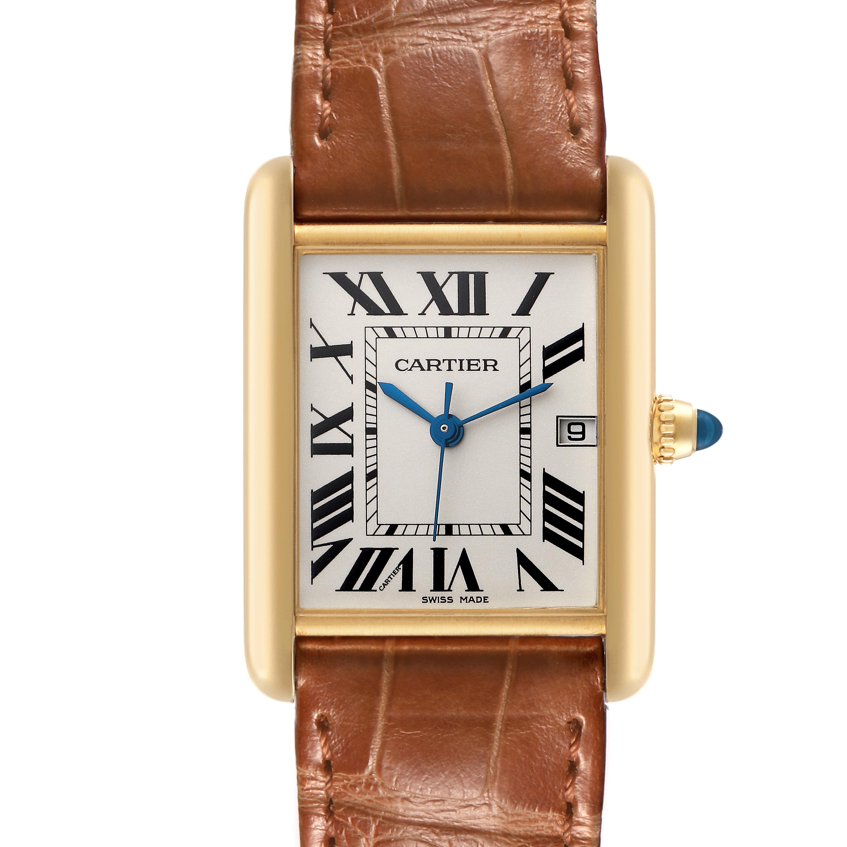 The image shows a frontal view of the Cartier Tank Louis W1529756 Men
s White Gold Silver Dial W1529756 Men
s White Gold Silver Dial watch, highlighting the rectangular gold case, Roman numerals, and leather strap.