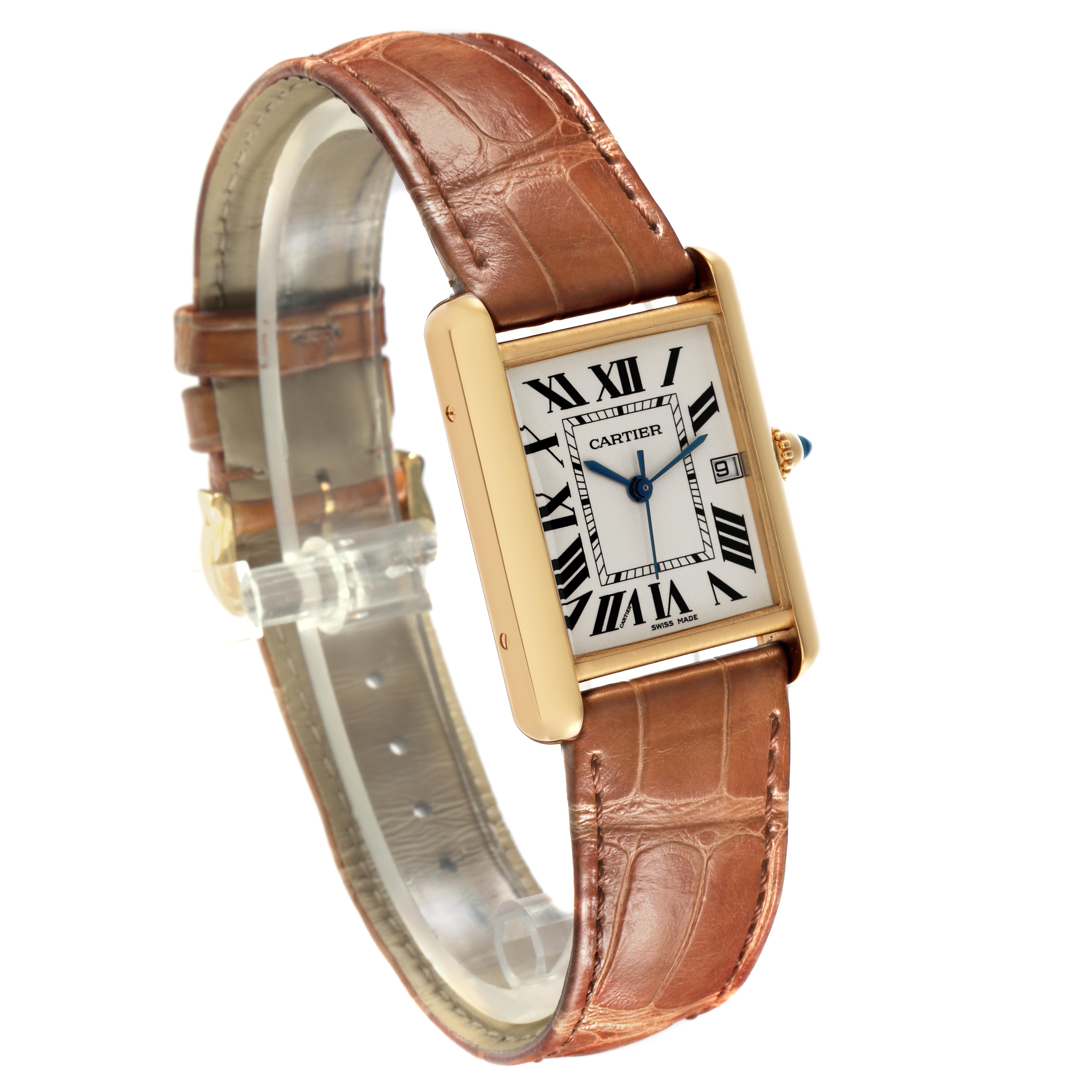 The Cartier Tank Louis W1529756 Men
s White Gold Silver Dial W1529756 Men
s White Gold Silver Dial watch is shown from a side angle, highlighting the face, strap, and crown.