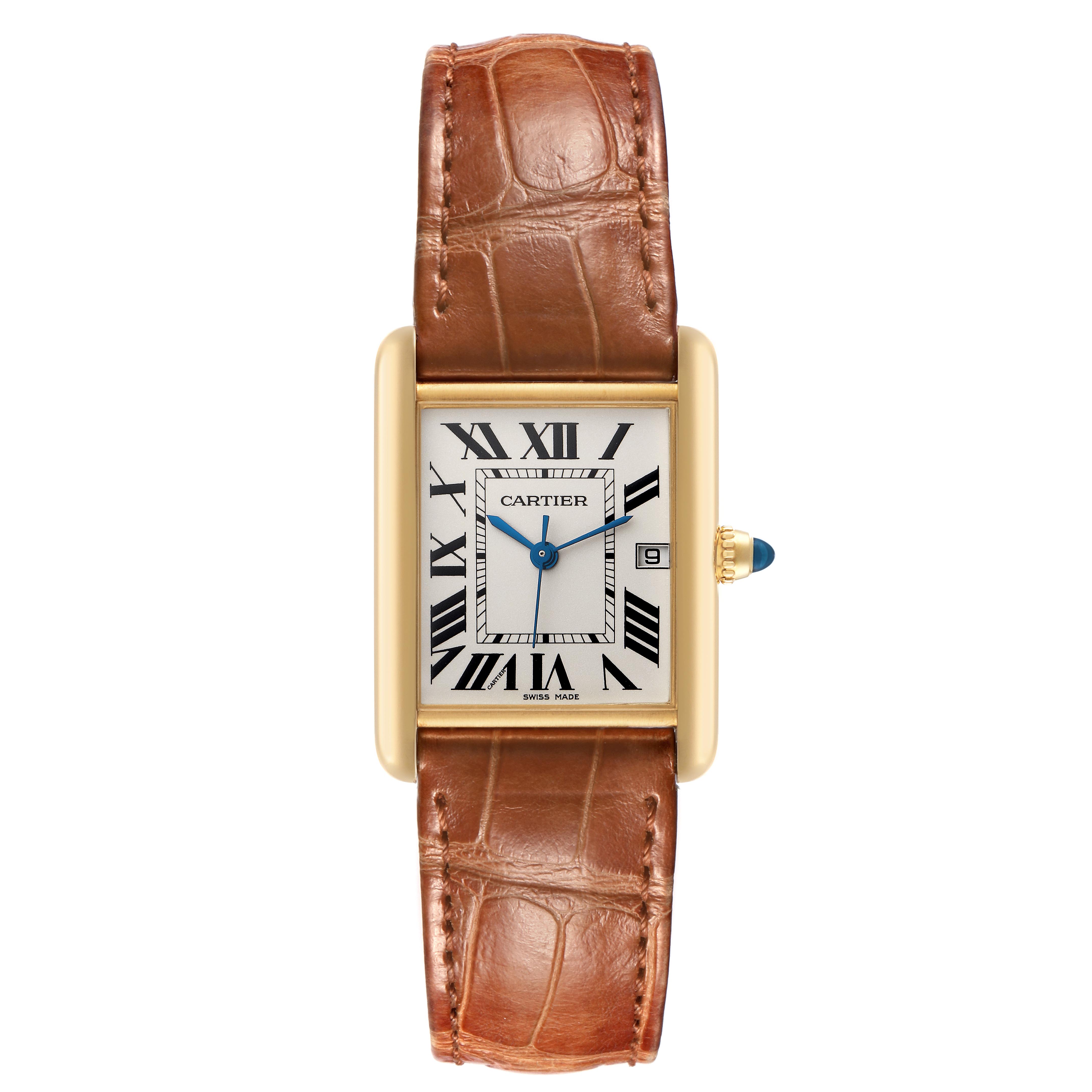 The Cartier Tank Louis W1529756 Men
s White Gold Silver Dial W1529756 Men
s White Gold Silver Dial watch is shown from the front, displaying the dial, case, and strap.