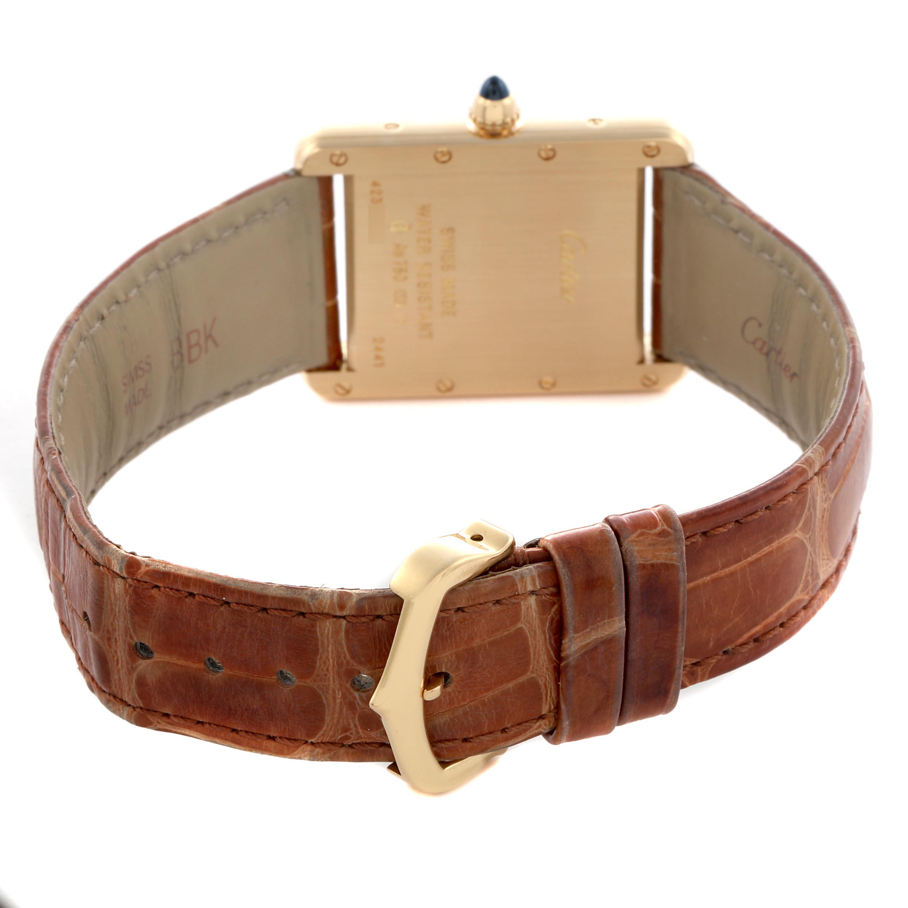 The image shows the back and strap of the Cartier Tank Louis W1529756 Men
s White Gold Silver Dial W1529756 Men
s White Gold Silver Dial watch, highlighting the clasp and case details.