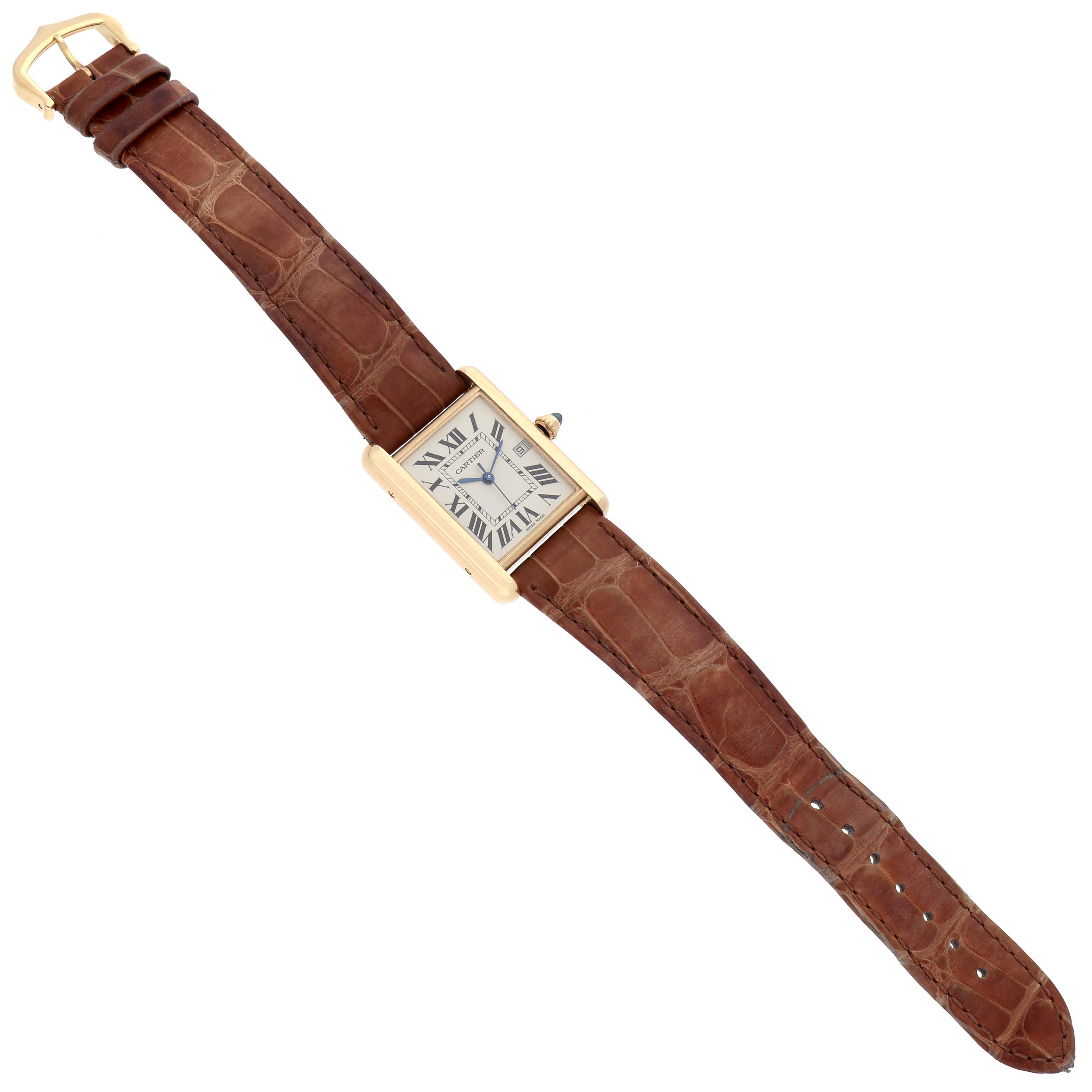 The Cartier Tank Louis W1529756 Men
s White Gold Silver Dial W1529756 Men
s White Gold Silver Dial watch is shown from a top-down angle, featuring the entire face, case, and leather strap.