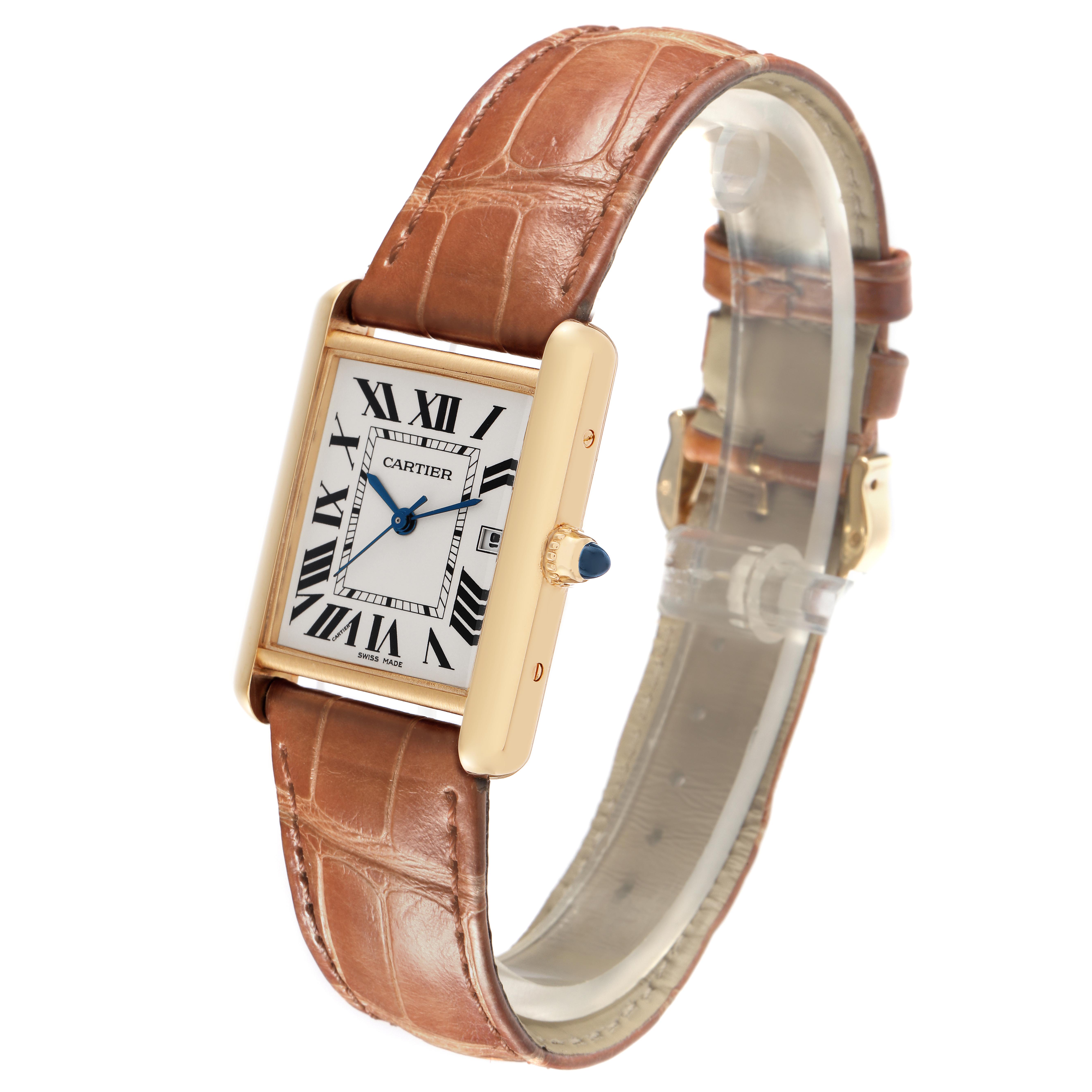 The Cartier Tank Louis W1529756 Men
s White Gold Silver Dial W1529756 Men
s White Gold Silver Dial watch is shown at a slight angle, highlighting its rectangular case, Roman numerals, and brown leather strap.