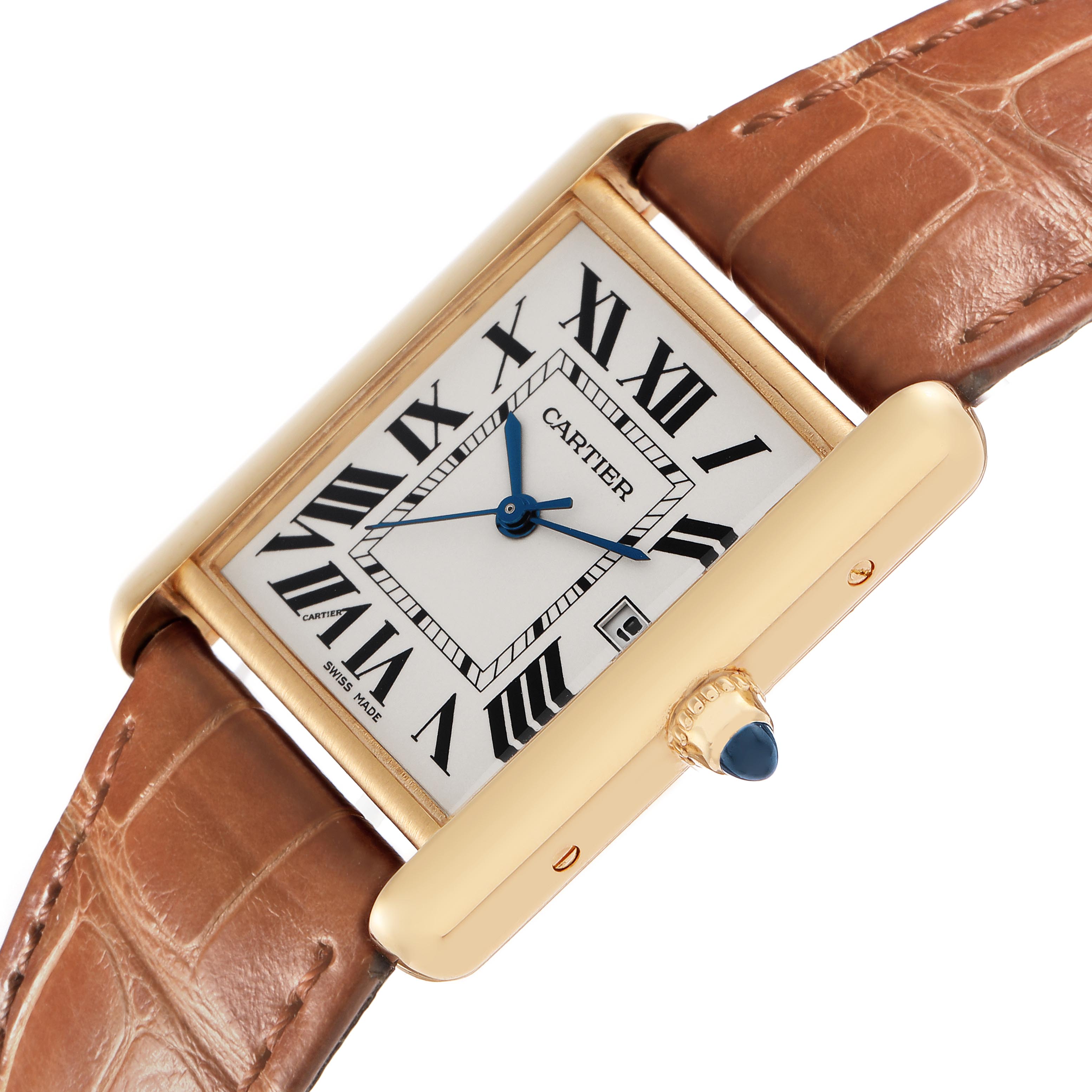The Cartier Tank Louis W1529756 Men
s White Gold Silver Dial W1529756 Men
s White Gold Silver Dial watch is shown at a slight angle, displaying the face, crown with gemstone, and brown leather strap.