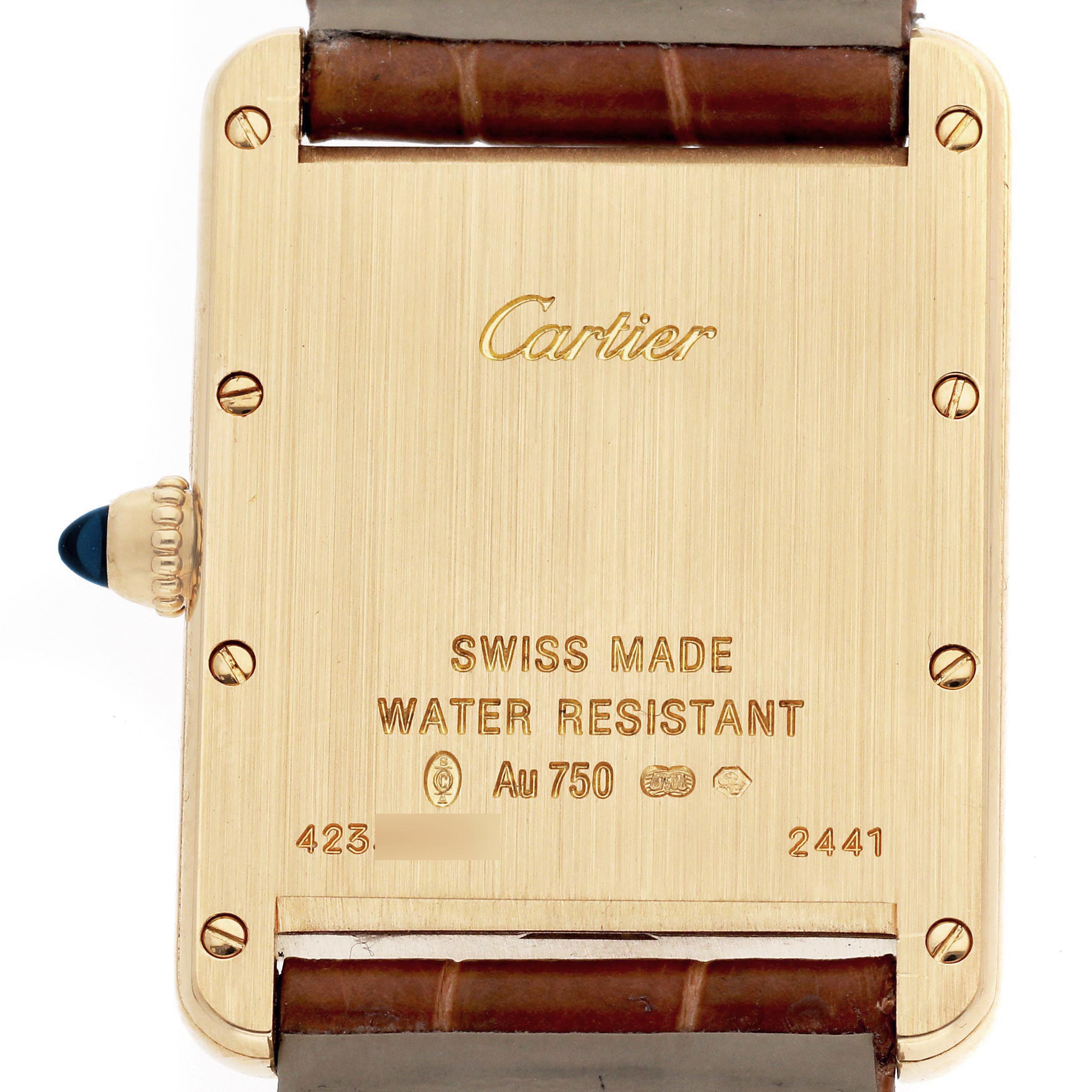 The image shows the back of the Cartier Tank Louis W1529756 Men
s White Gold Silver Dial W1529756 Men
s White Gold Silver Dial watch with its inscriptions and crown.