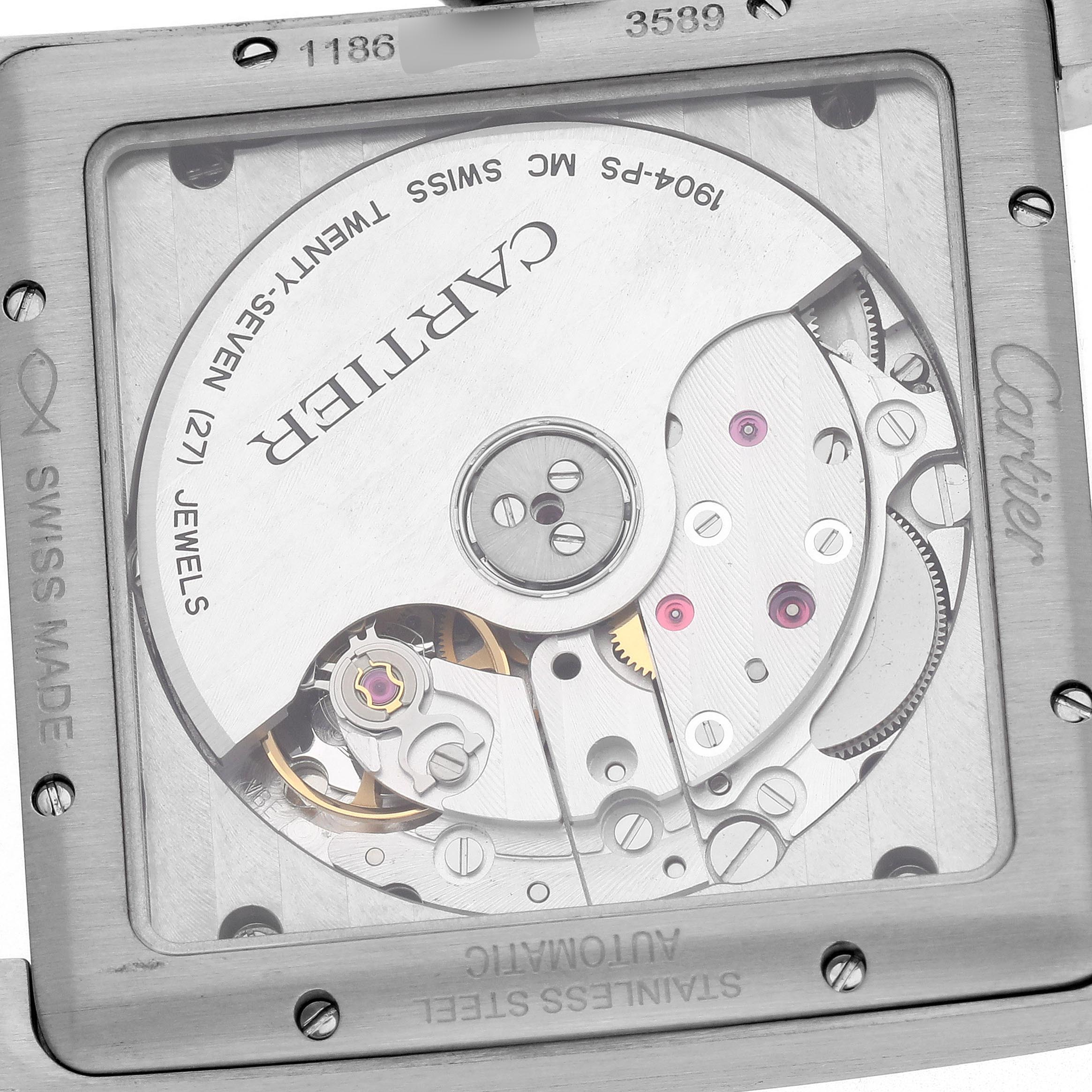 The image shows the back view of a Cartier Tank MC WSTA0010 Men
s Stainless Steel Blue Dial WSTA0010 Men
s Stainless Steel Blue Dial watch, highlighting its mechanical movement and internal components.