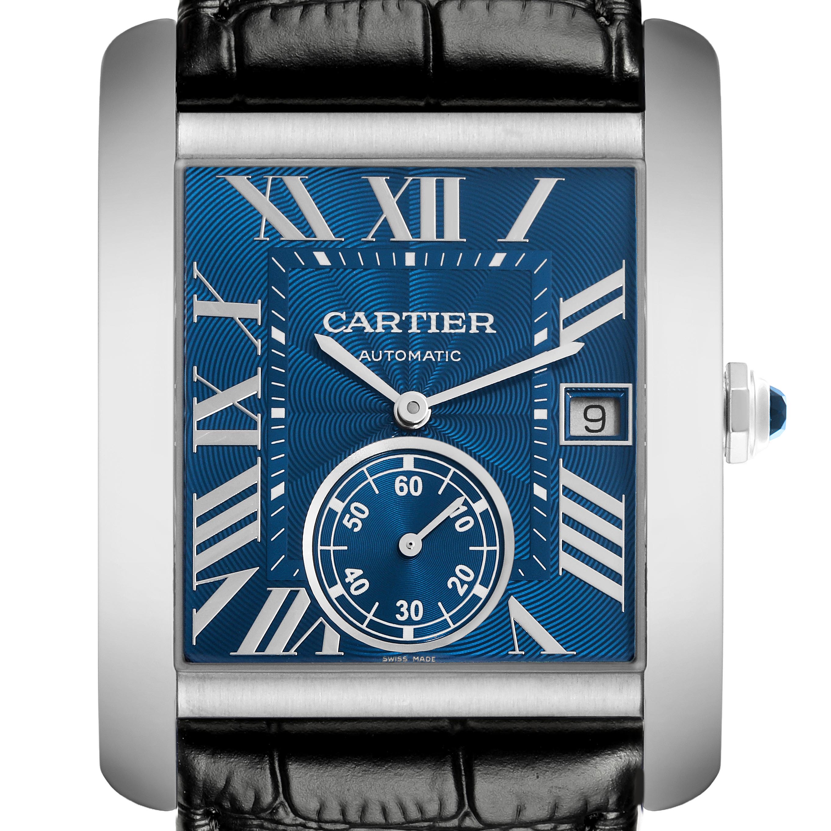 The Cartier Tank MC WSTA0010 Men
s Stainless Steel Blue Dial WSTA0010 Men
s Stainless Steel Blue Dial watch is shown from a front view, highlighting its blue dial, Roman numerals, sub-dial, date window, and leather strap.
