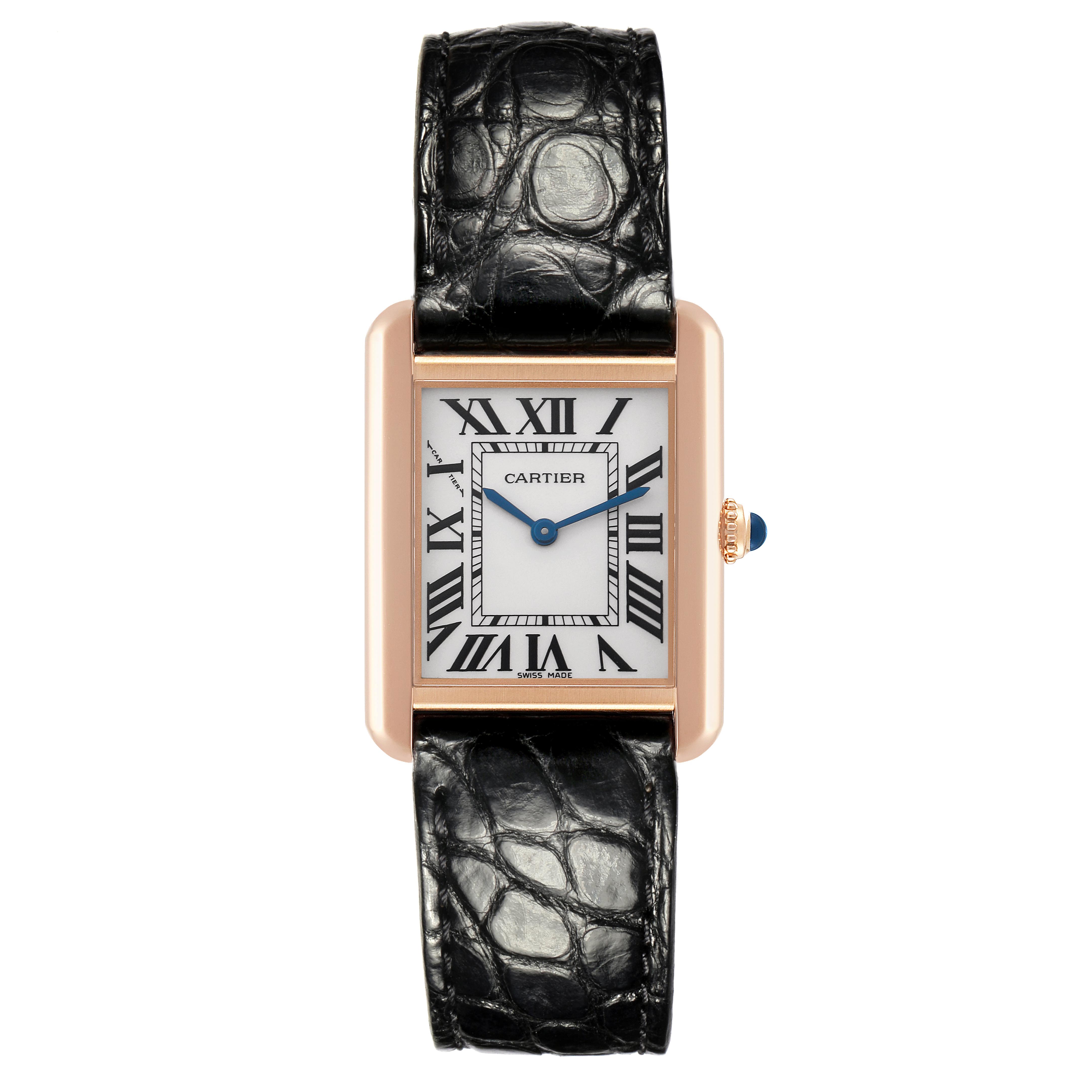 The Cartier Tank Solo W5200024 Women
s Steel and Gold (two tone) Silver Dial W5200024 Women
s Steel and Gold (two tone) Silver Dial watch is shown from a front angle, displaying the face, case, and black leather strap.