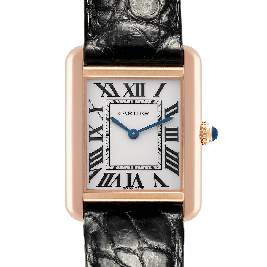 The Cartier Tank Solo watch is shown from the front, highlighting its rectangular case, Roman numeral dial, and blue hands.